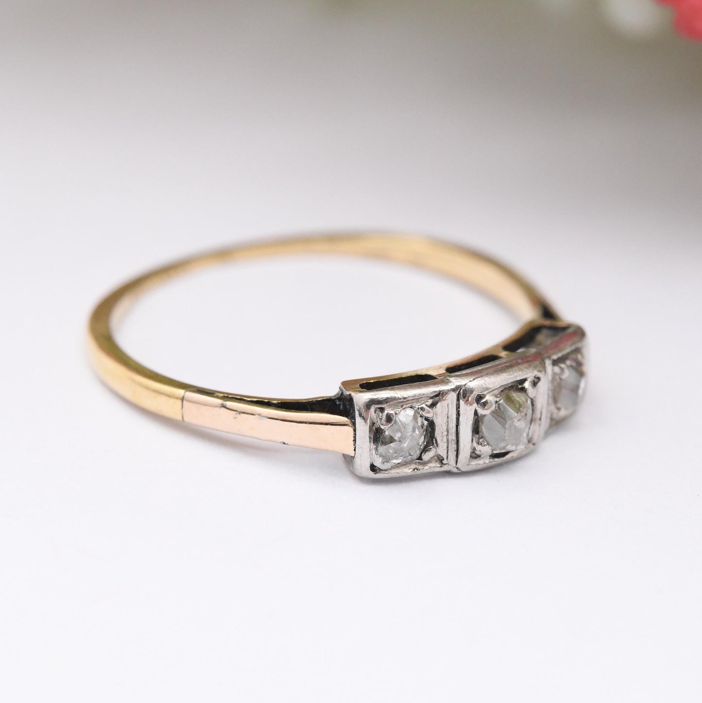 Antique 18ct Gold and Platinum Old Cut Diamond Three Stone Ring - Early 20th Century Pretty Trilogy Engagement | UK Size - L 1/2 US Size - 6