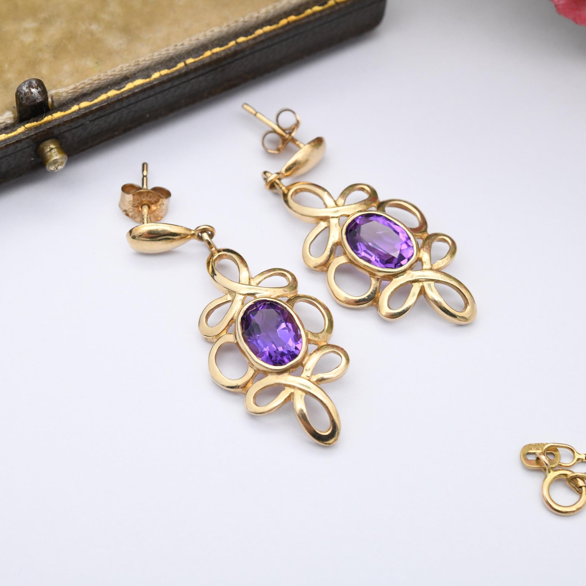 Vintage 9ct Gold Amethyst Jewellery Set 1995 Pendant Necklace and Drop Earrings - Twisted Knot Solid Gold Jewellery Gift Set | Soude England