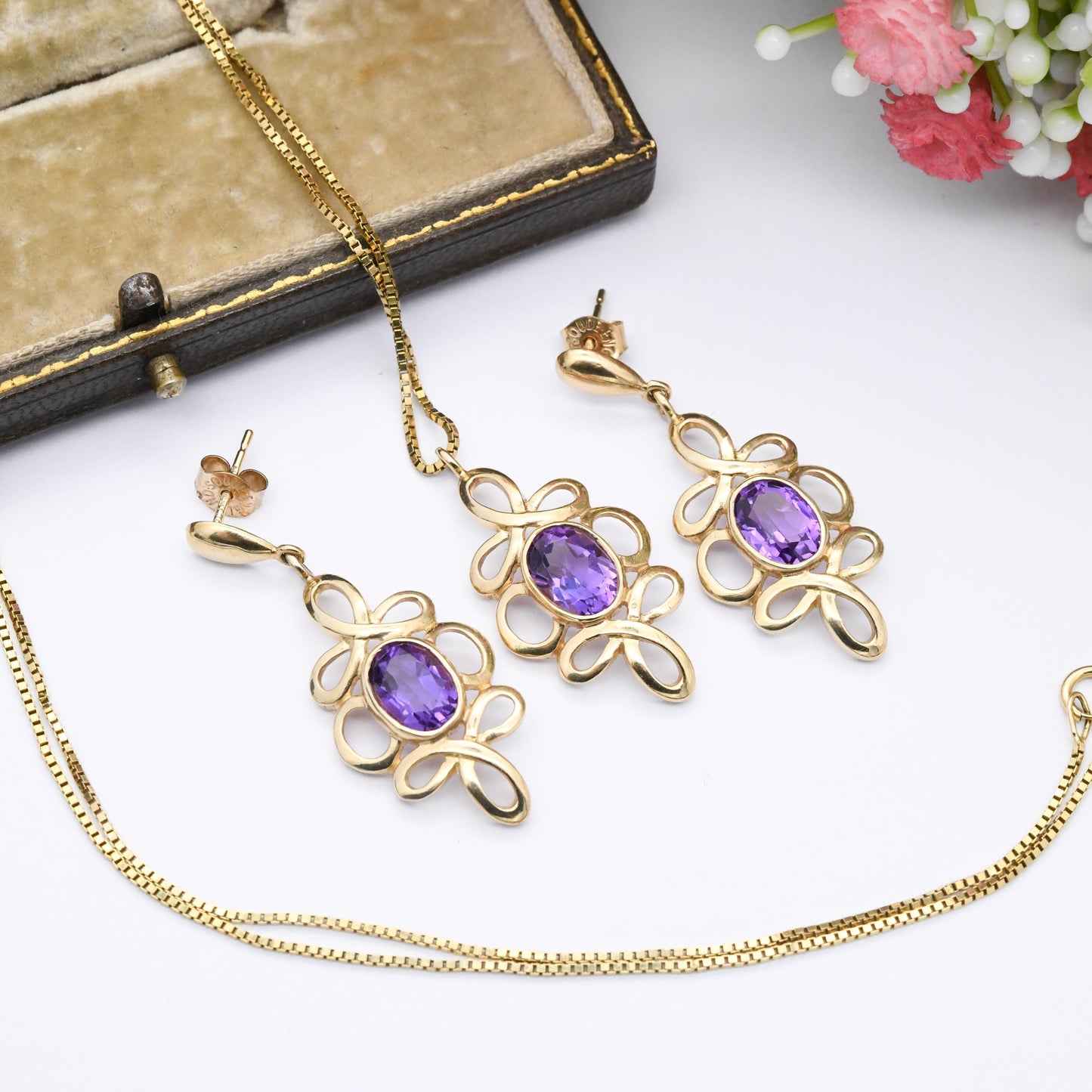 Vintage 9ct Gold Amethyst Jewellery Set 1995 Pendant Necklace and Drop Earrings - Twisted Knot Solid Gold Jewellery Gift Set | Soude England