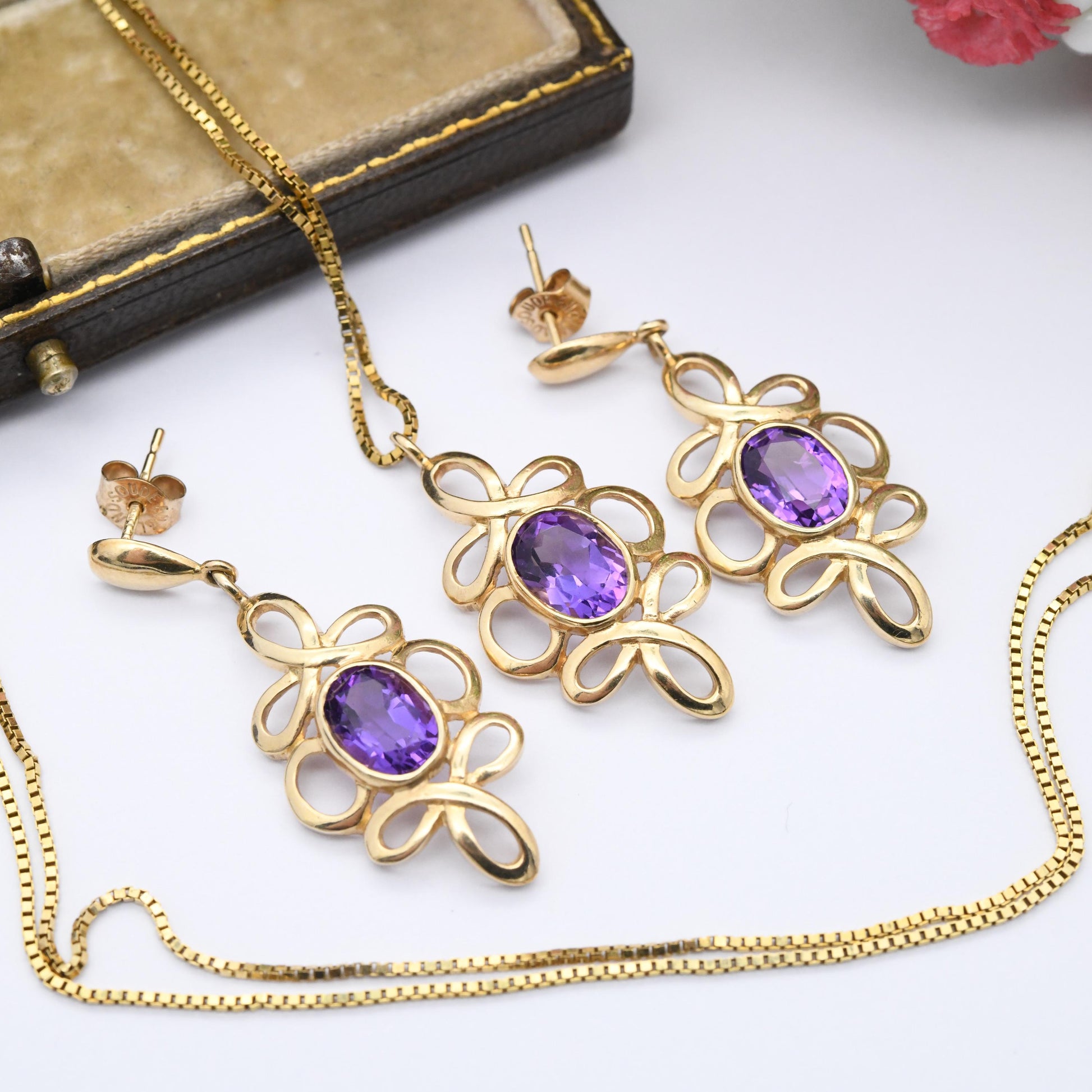 Vintage 9ct Gold Amethyst Jewellery Set 1995 Pendant Necklace and Drop Earrings - Twisted Knot Solid Gold Jewellery Gift Set | Soude England