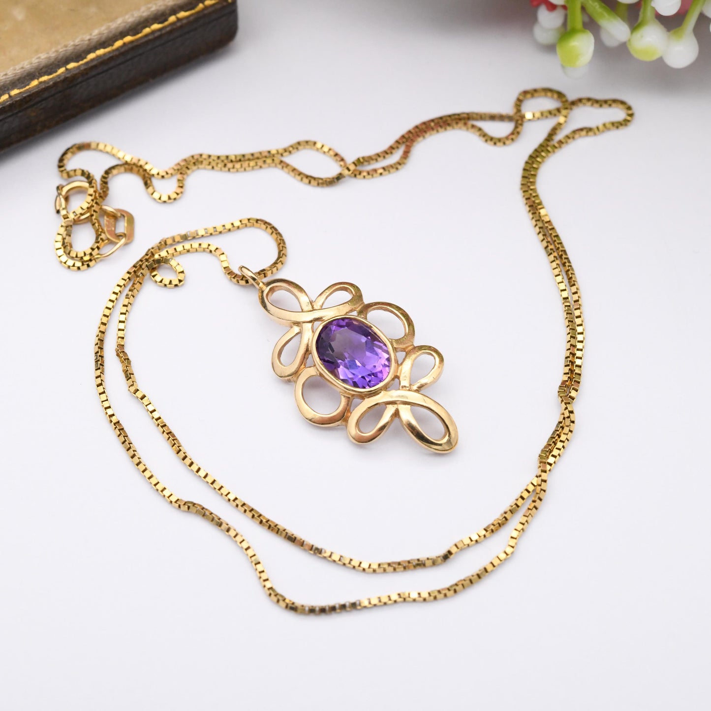 Vintage 9ct Gold Amethyst Jewellery Set 1995 Pendant Necklace and Drop Earrings - Twisted Knot Solid Gold Jewellery Gift Set | Soude England