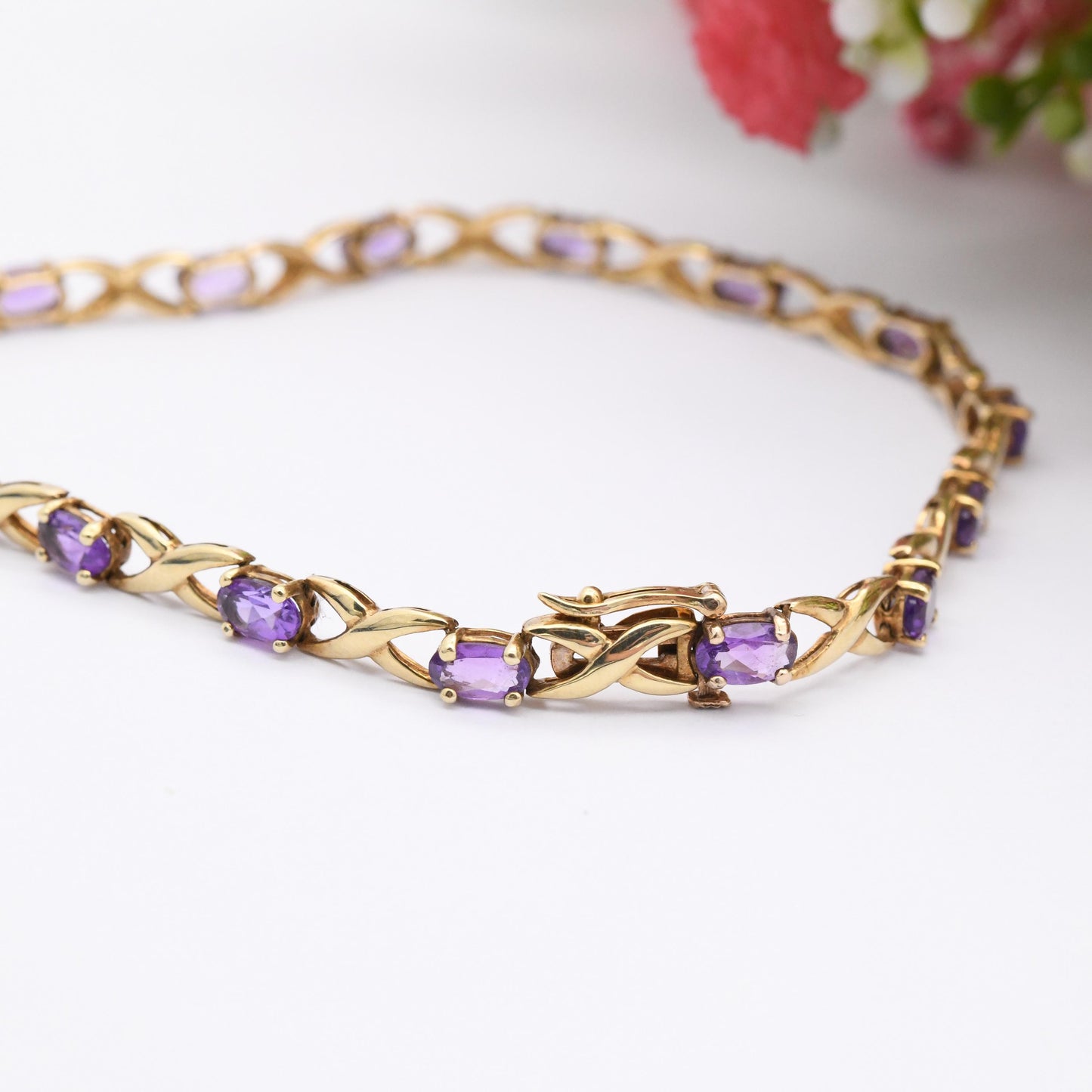 Vintage 9ct Gold Amethyst Bracelet Fancy Figure of Eight Link Chain - Symbol 8 Cross Panel | Pretty Gift for Her | Solid Gold Jewellery