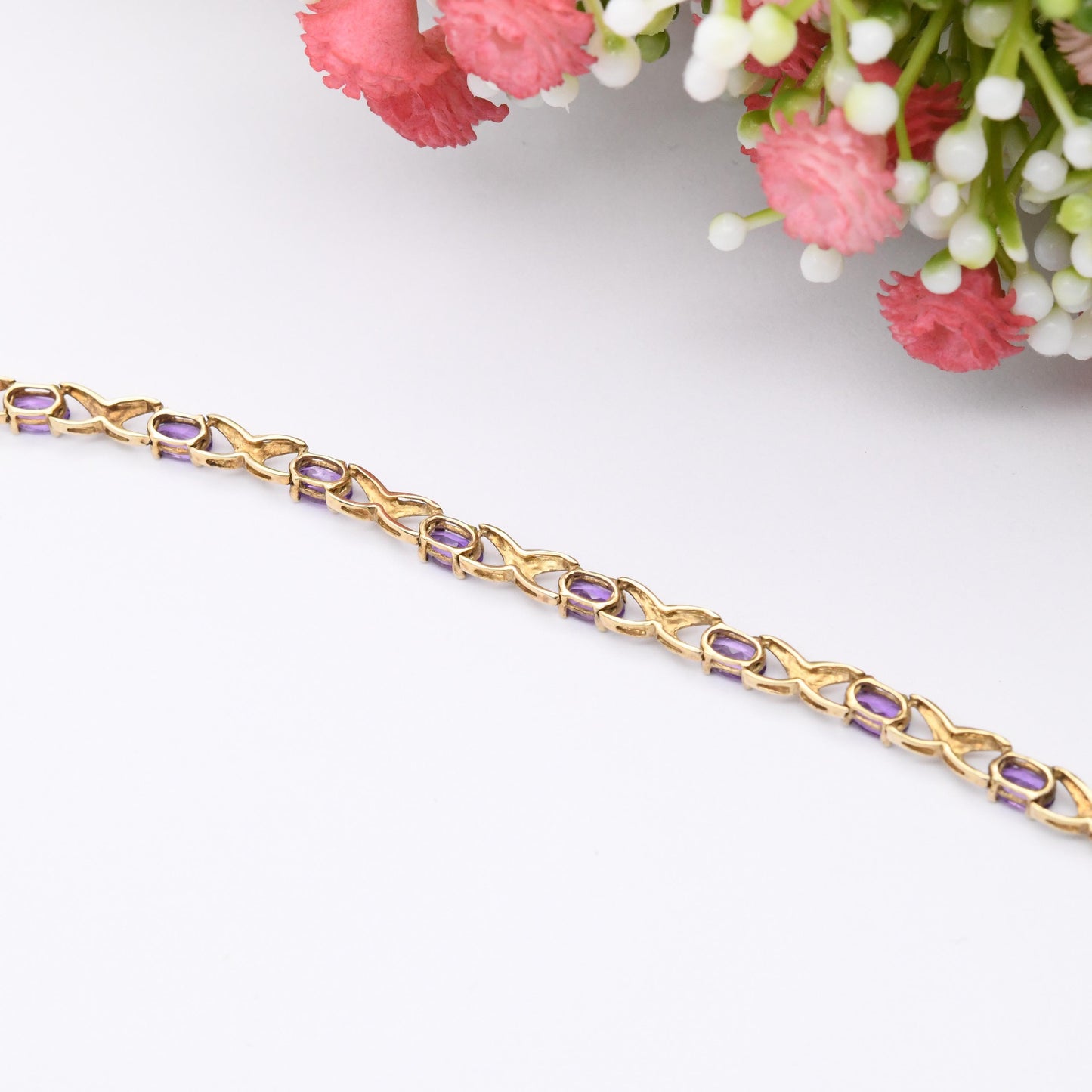 Vintage 9ct Gold Amethyst Bracelet Fancy Figure of Eight Link Chain - Symbol 8 Cross Panel | Pretty Gift for Her | Solid Gold Jewellery