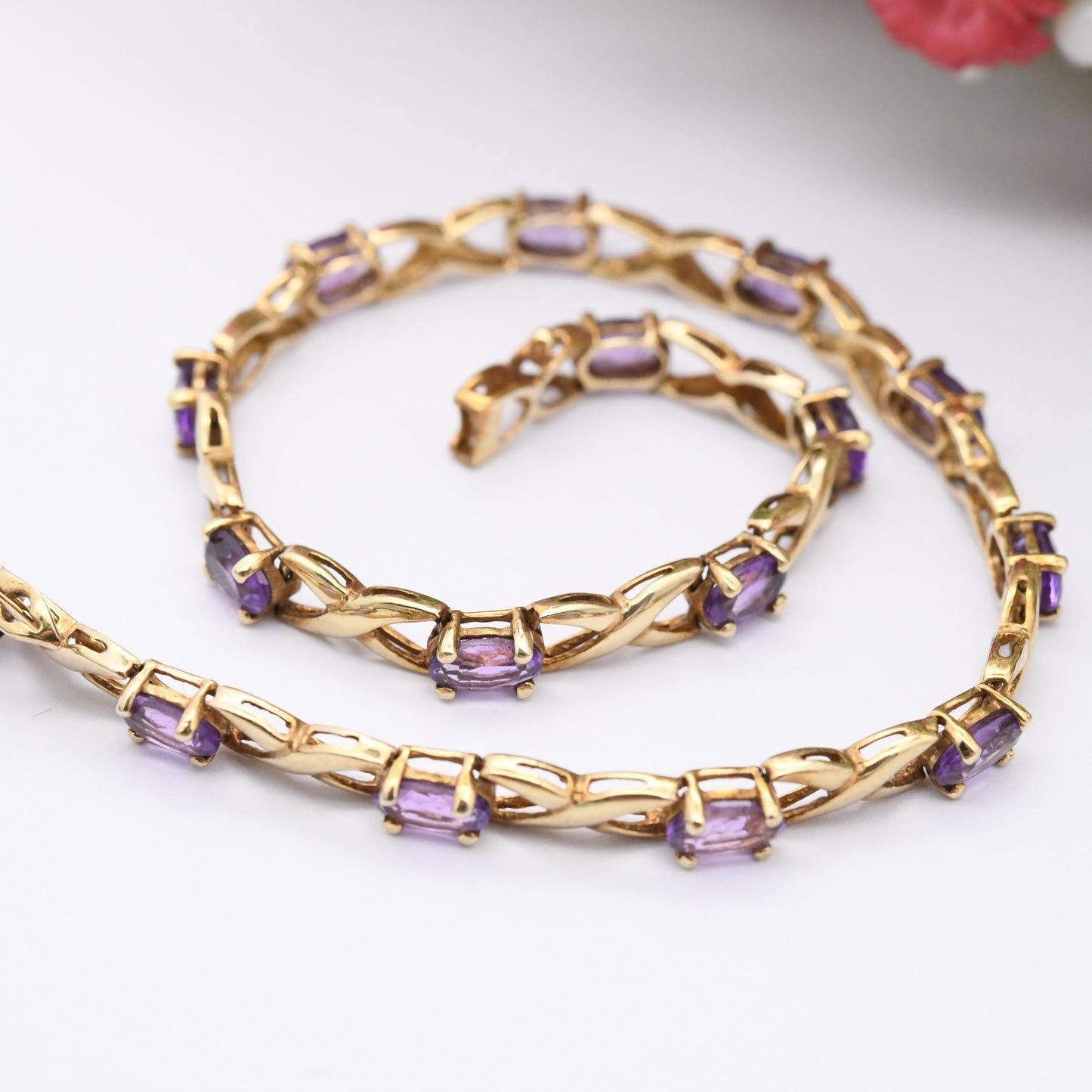 Vintage 9ct Gold Amethyst Bracelet Fancy Figure of Eight Link Chain - Symbol 8 Cross Panel | Pretty Gift for Her | Solid Gold Jewellery