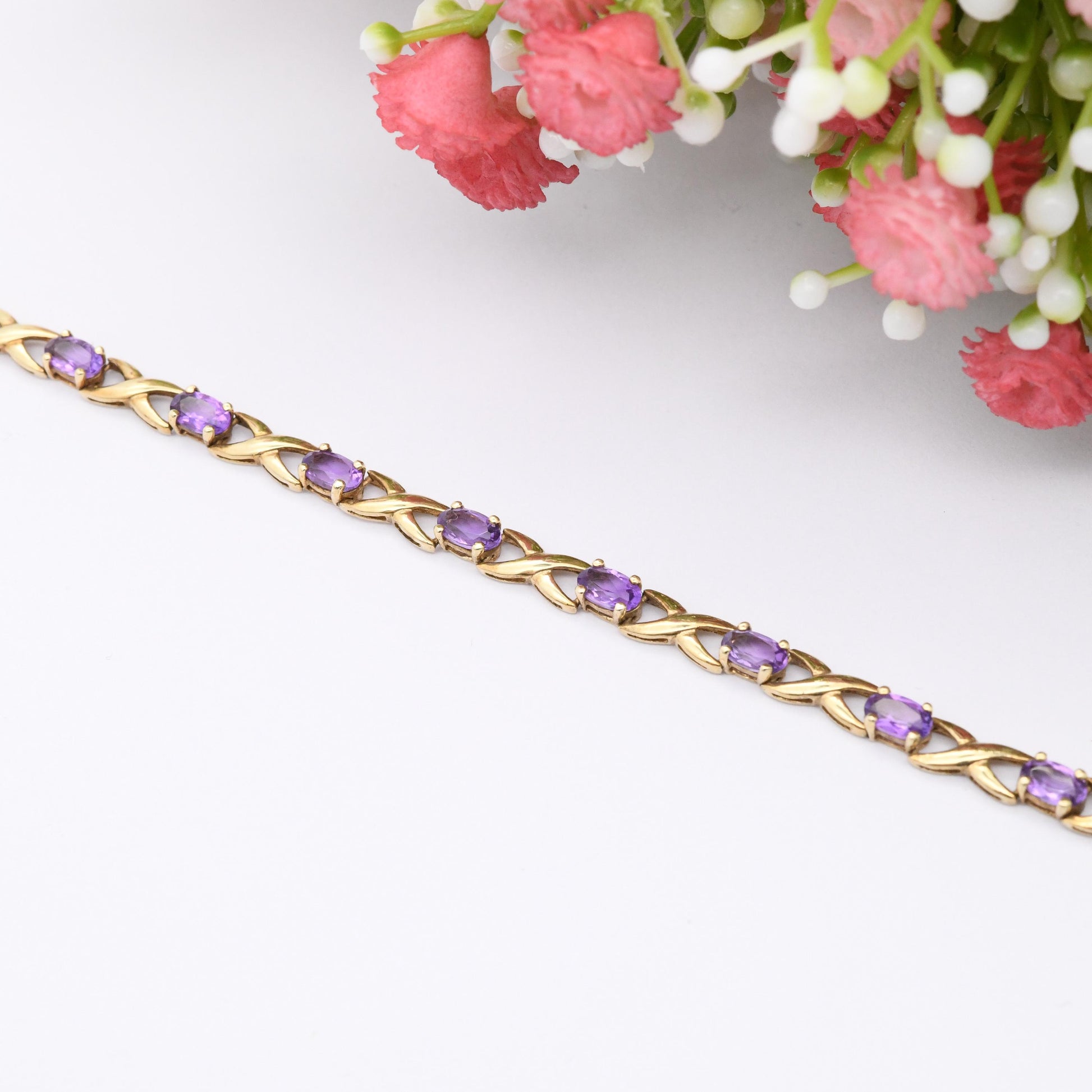 Vintage 9ct Gold Amethyst Bracelet Fancy Figure of Eight Link Chain - Symbol 8 Cross Panel | Pretty Gift for Her | Solid Gold Jewellery