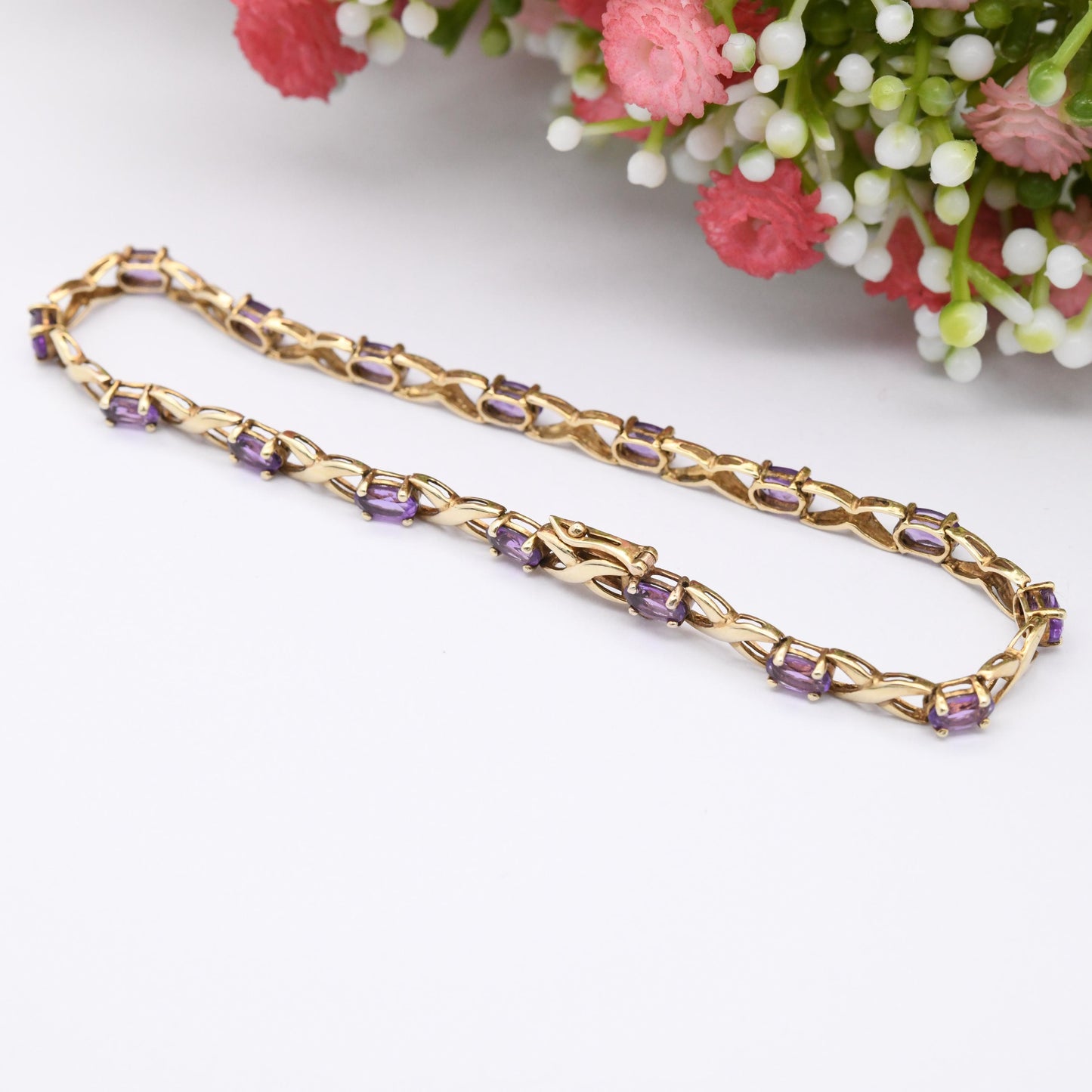 Vintage 9ct Gold Amethyst Bracelet Fancy Figure of Eight Link Chain - Symbol 8 Cross Panel | Pretty Gift for Her | Solid Gold Jewellery