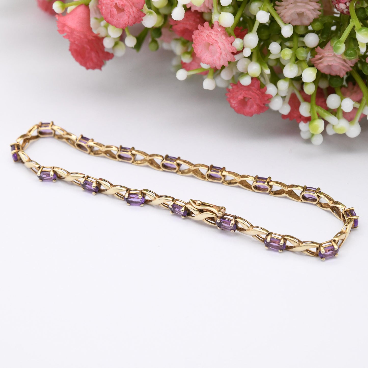 Vintage 9ct Gold Amethyst Bracelet Fancy Figure of Eight Link Chain - Symbol 8 Cross Panel | Pretty Gift for Her | Solid Gold Jewellery