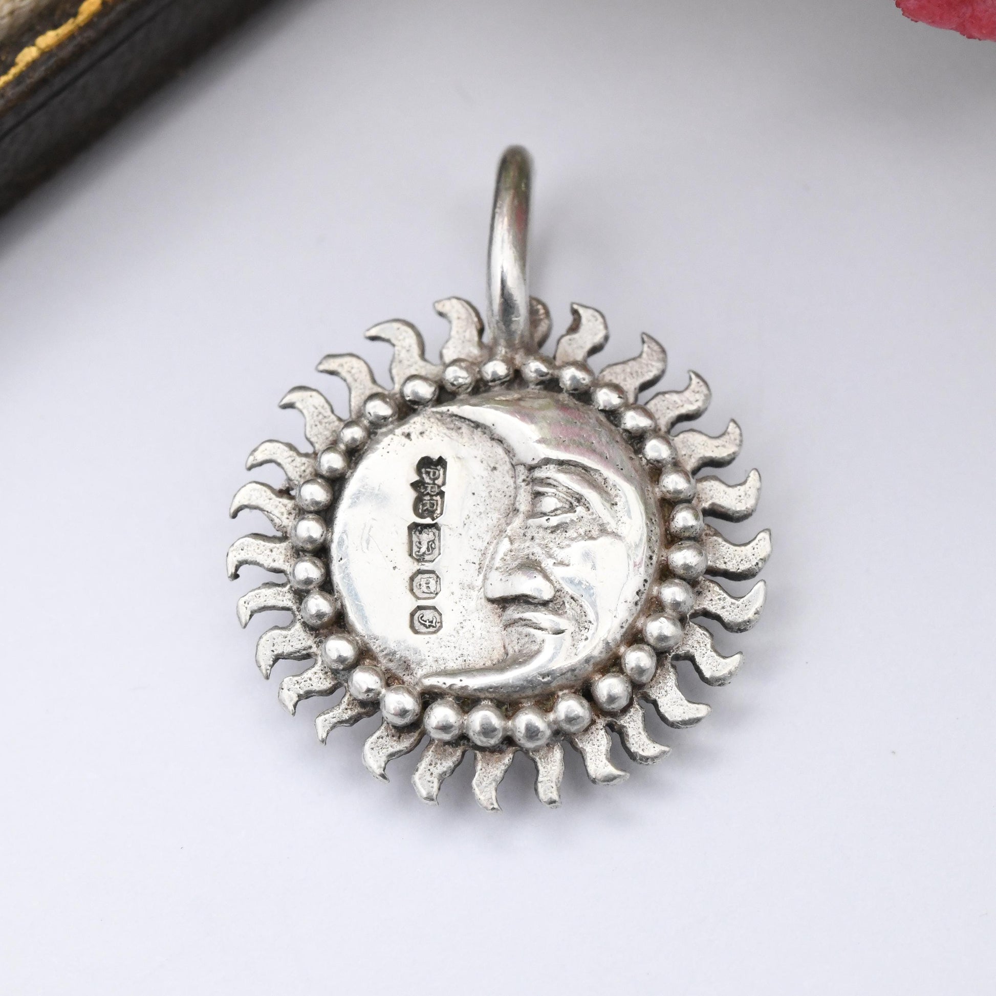 Vintage Sterling Silver Sun and Moon Pendant with Faces 1980 - Crescent Moon in Sun Two Sided Face Solid Silver Necklace Charm 3D Jewellery