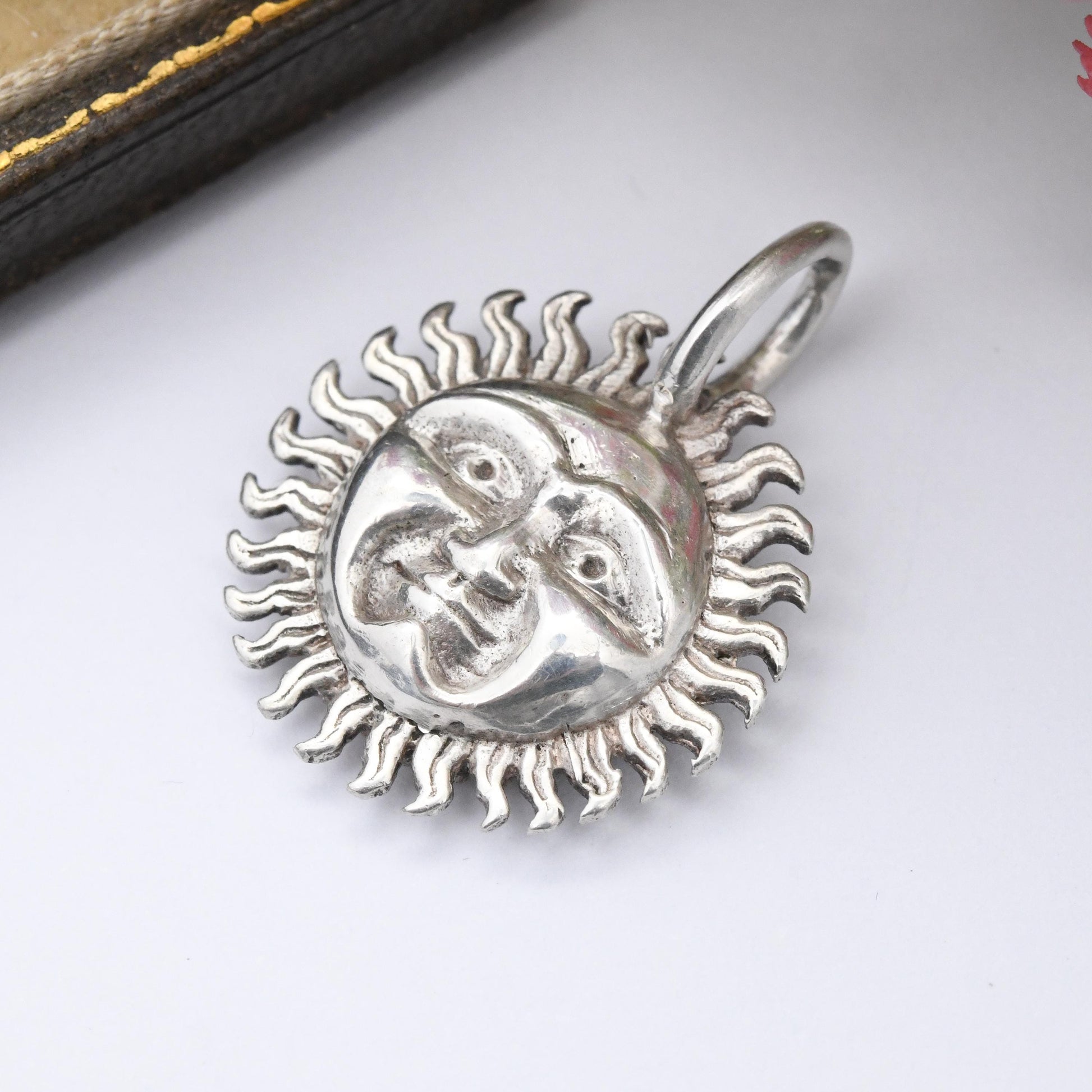 Vintage Sterling Silver Sun and Moon Pendant with Faces 1980 - Crescent Moon in Sun Two Sided Face Solid Silver Necklace Charm 3D Jewellery