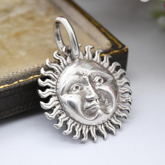 Vintage Sterling Silver Sun and Moon Pendant with Faces 1980 - Crescent Moon in Sun Two Sided Face Solid Silver Necklace Charm 3D Jewellery