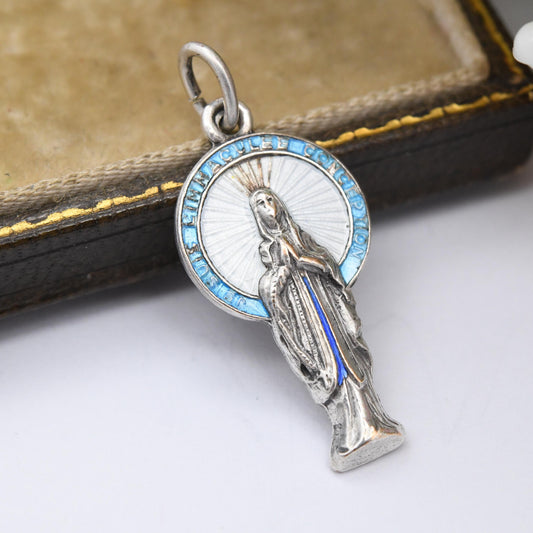 Vintage Enamel Virgin Mary Pendant I am the Immaculate Conception Halo - Italian European Religious | Je Suis L'Immaculee Conception French