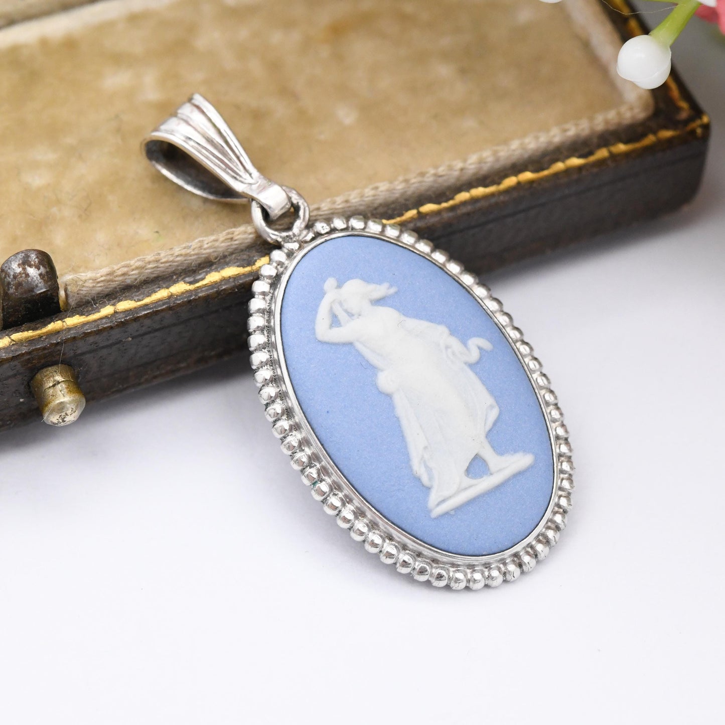 Vintage Wedgwood Sterling Silver Hygieia Blue Jasperware Pendant 1970s - Goddess of Health Snake and Asclepius Staff | Oval Classical Cameo