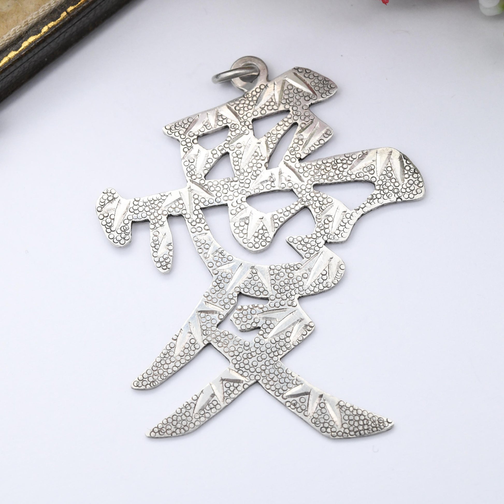 Vintage Chinese Character Sterling Silver Love Pendant Engraved Design - Large Word Pendant Made in Hong Kong | Sentimental Gift for Him Her