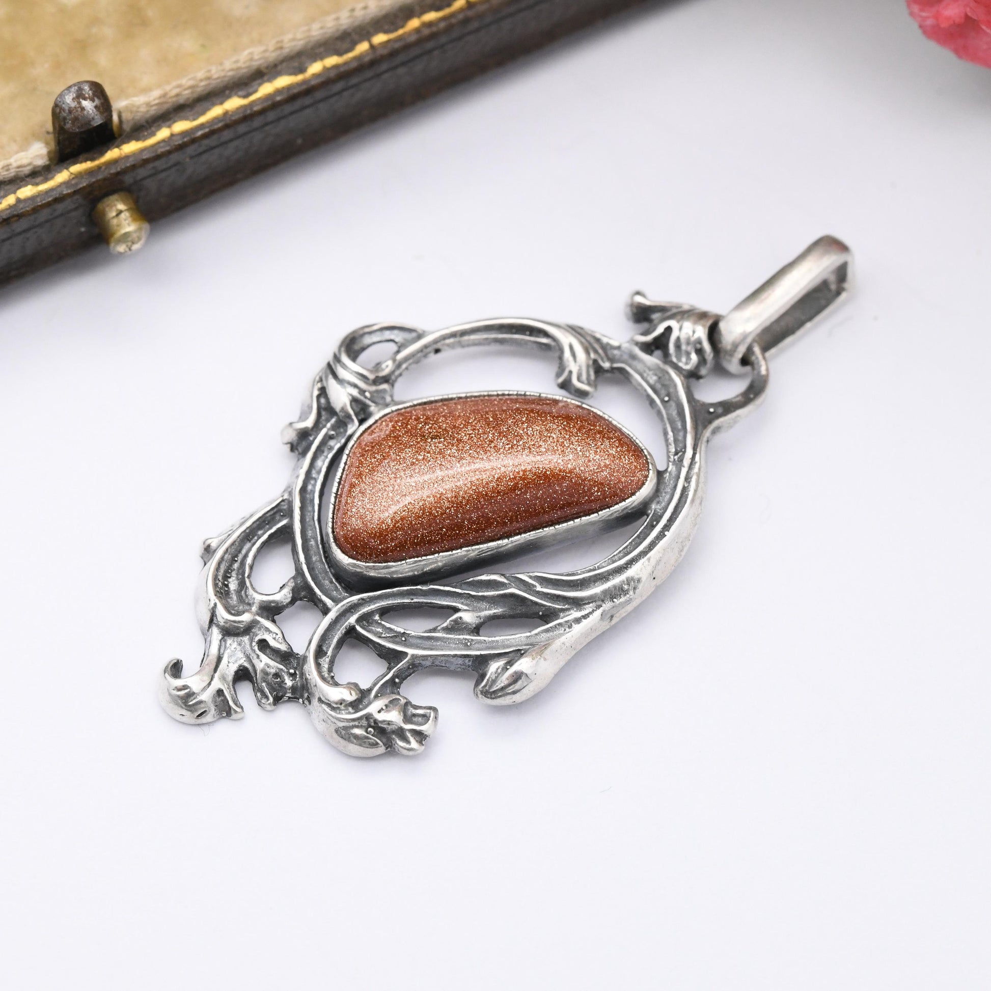 Vintage Polish Sterling Silver Goldstone Pendant Art Nouveau Style - Openwork Scrolling Swirling Design | Fitted Gemstone | Krakow Stamp