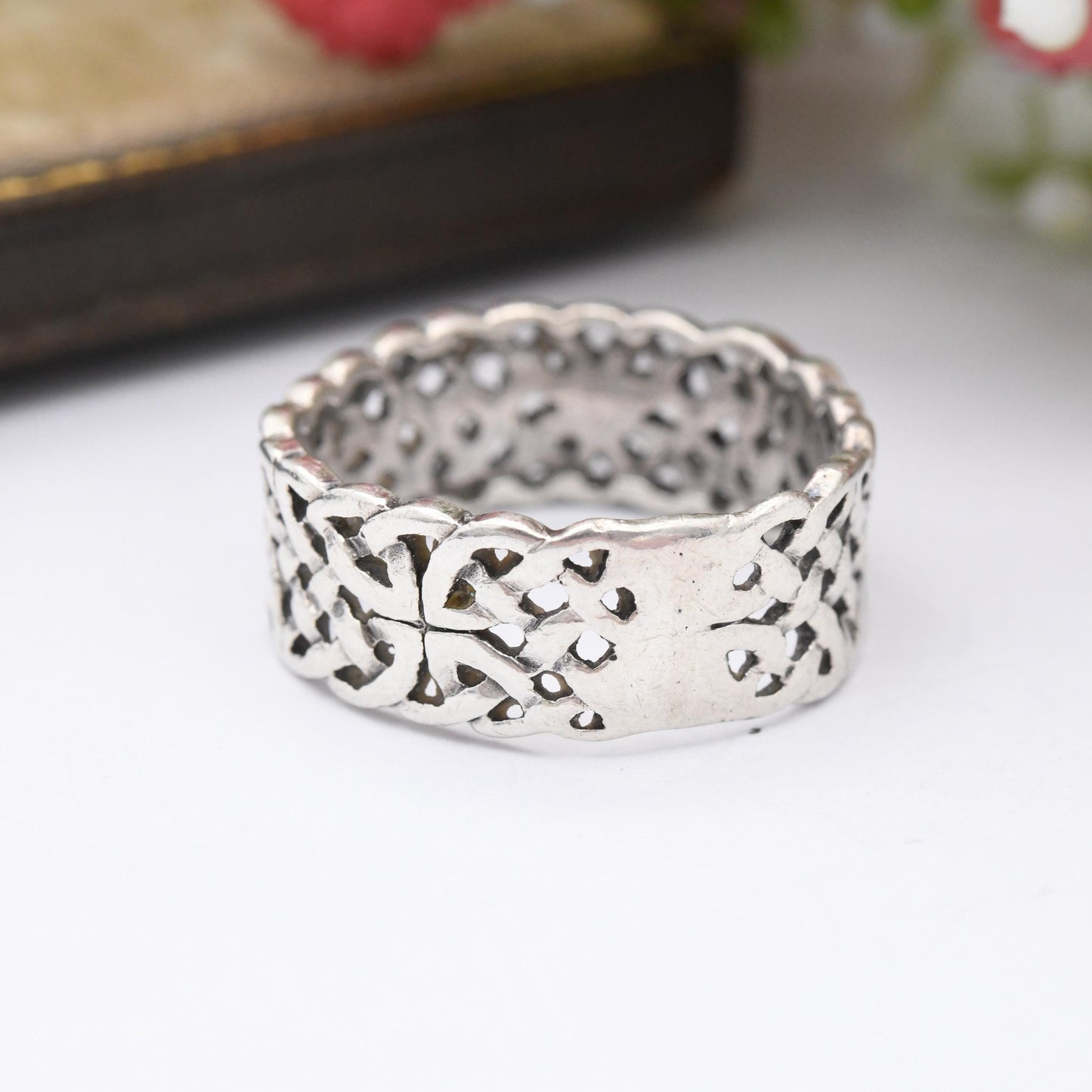 Vintage Sterling Silver Celtic Knot Band Ring - Openwork Wide Band Unisex Twisted Design | UK Size - P 1/2 | US Size - 8