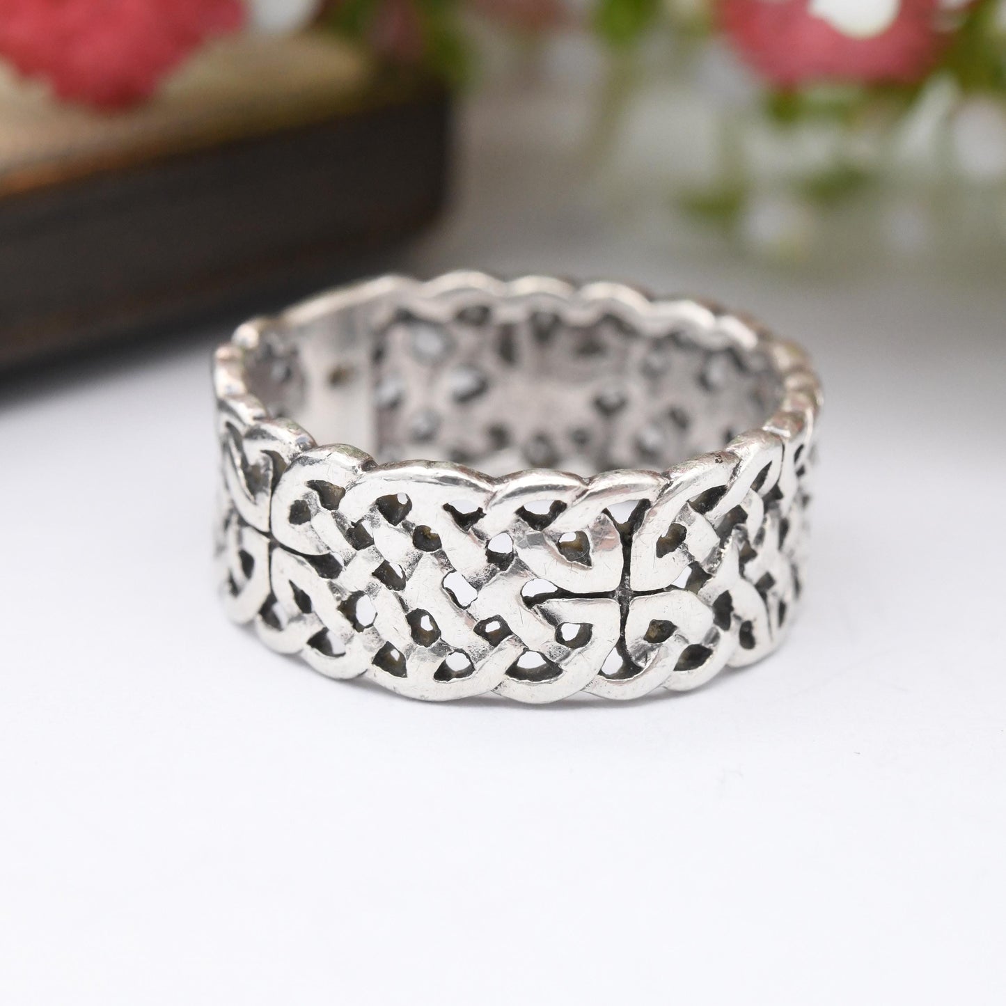 Vintage Sterling Silver Celtic Knot Band Ring - Openwork Wide Band Unisex Twisted Design | UK Size - P 1/2 | US Size - 8