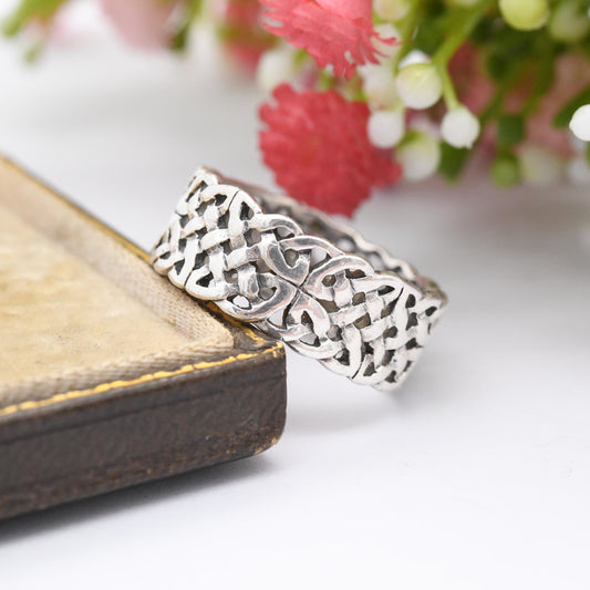 Vintage Sterling Silver Celtic Knot Band Ring - Openwork Wide Band Unisex Twisted Design | UK Size - P 1/2 | US Size - 8