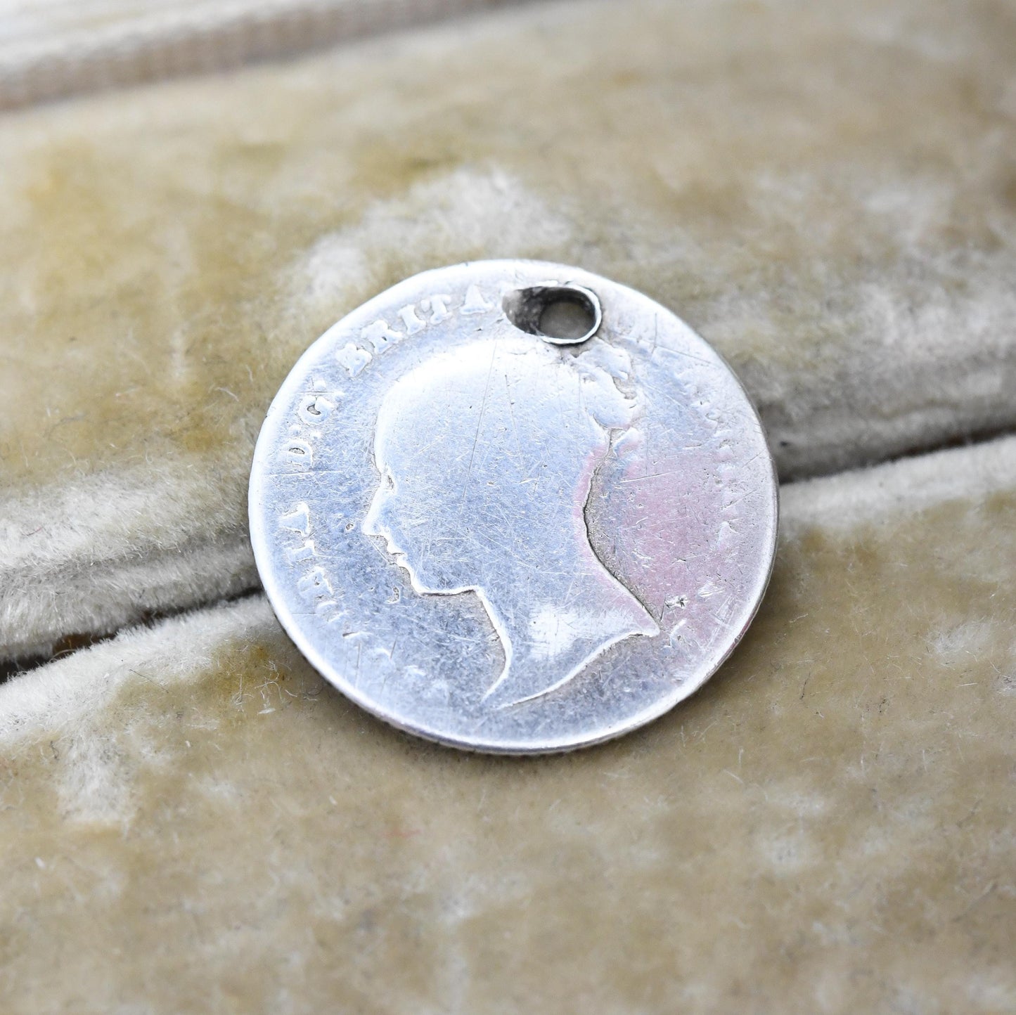 Antique 1843 Sterling Silver Victoria Four Pence Coin Charm Pendant Enamelled Britannia Groat - Hand Engraved Pierced Coin Jewellery 4 Penny