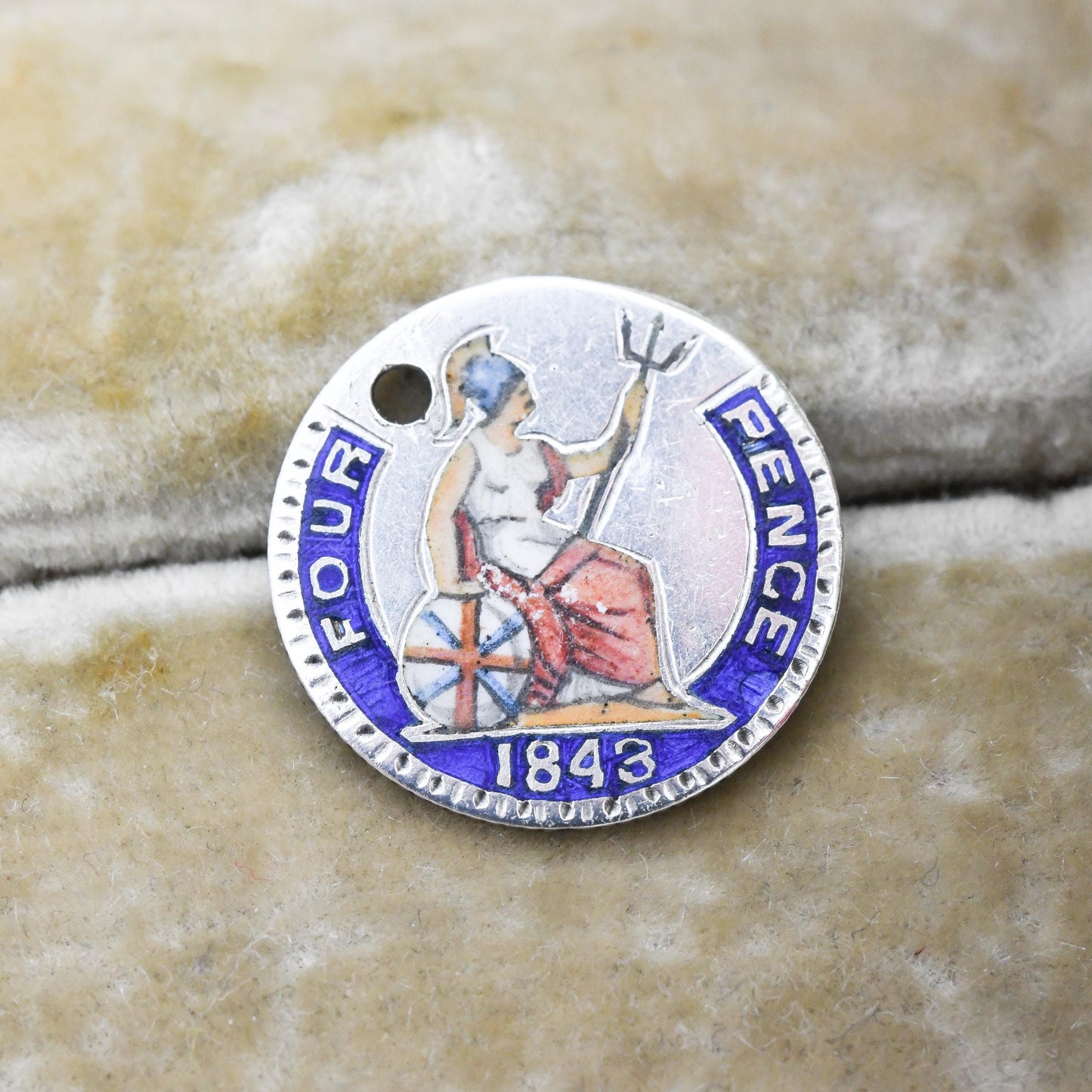 Antique 1843 Sterling Silver Victoria Four Pence Coin Charm Pendant Enamelled Britannia Groat - Hand Engraved Pierced Coin Jewellery 4 Penny