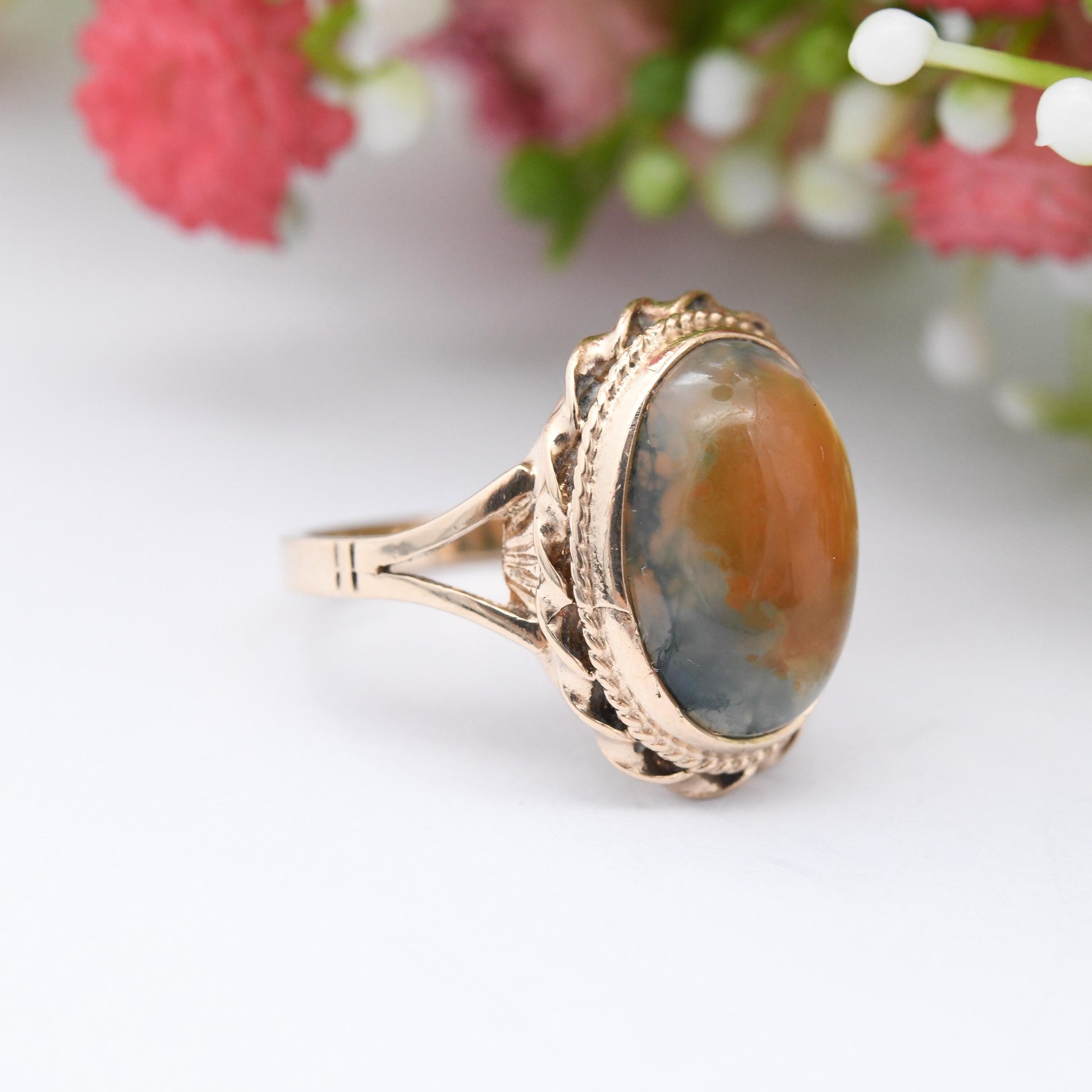 Vintage 9ct Gold Moss Agate Ring - Statement Mid-Century Large Green and Orange Gemstone Gold Jewellery Gift | UK Size - M | US Size - 6 1/4