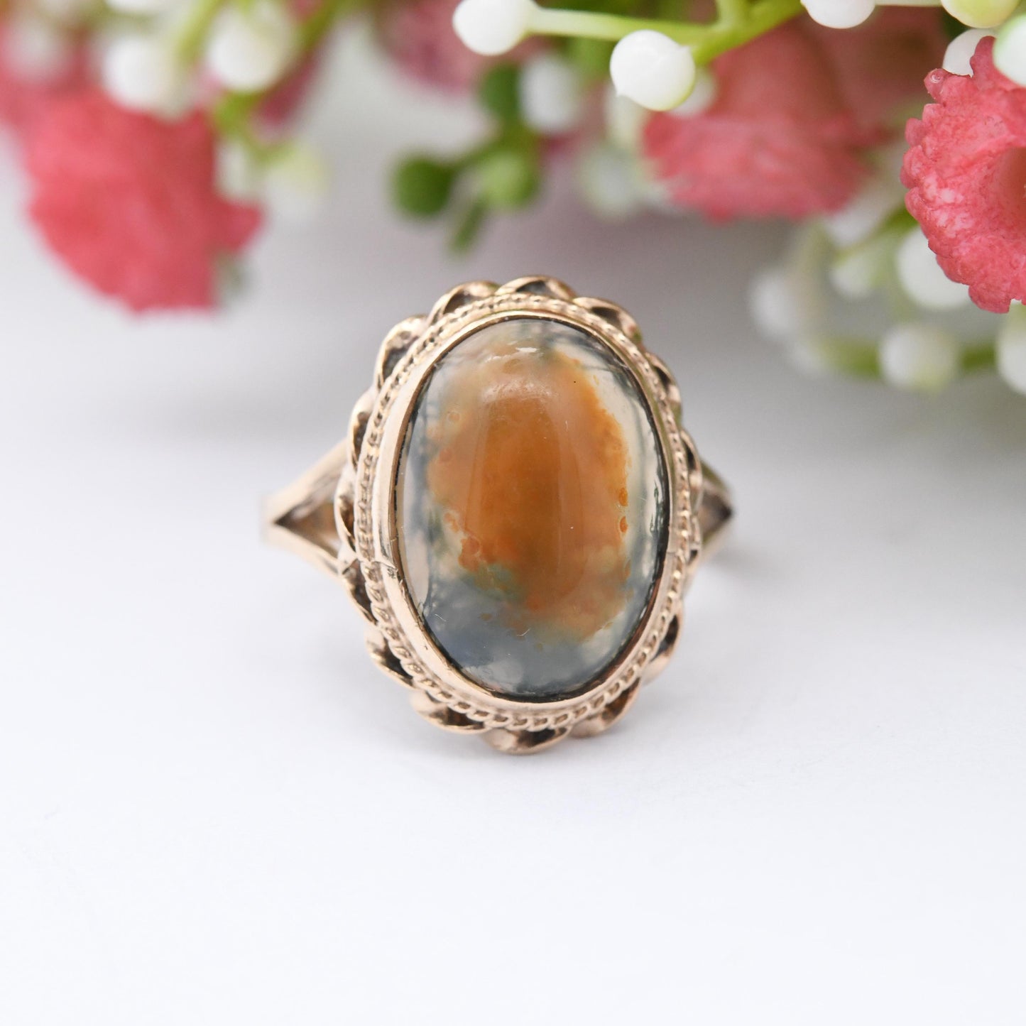 Vintage 9ct Gold Moss Agate Ring - Statement Mid-Century Large Green and Orange Gemstone Gold Jewellery Gift | UK Size - M | US Size - 6 1/4