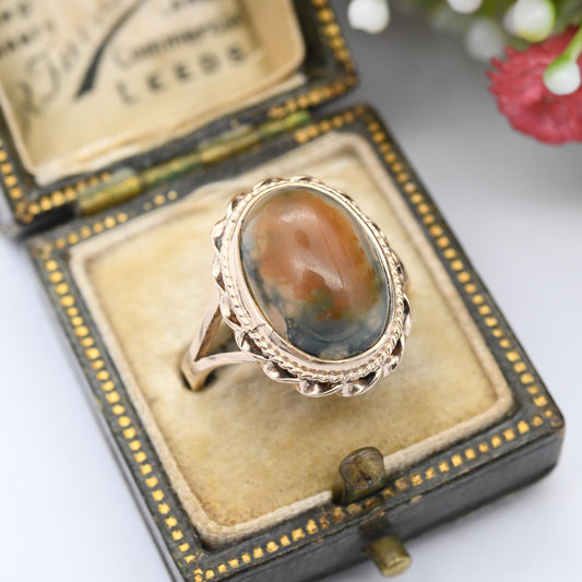 Vintage 9ct Gold Moss Agate Ring - Statement Mid-Century Large Green and Orange Gemstone Gold Jewellery Gift | UK Size - M | US Size - 6 1/4