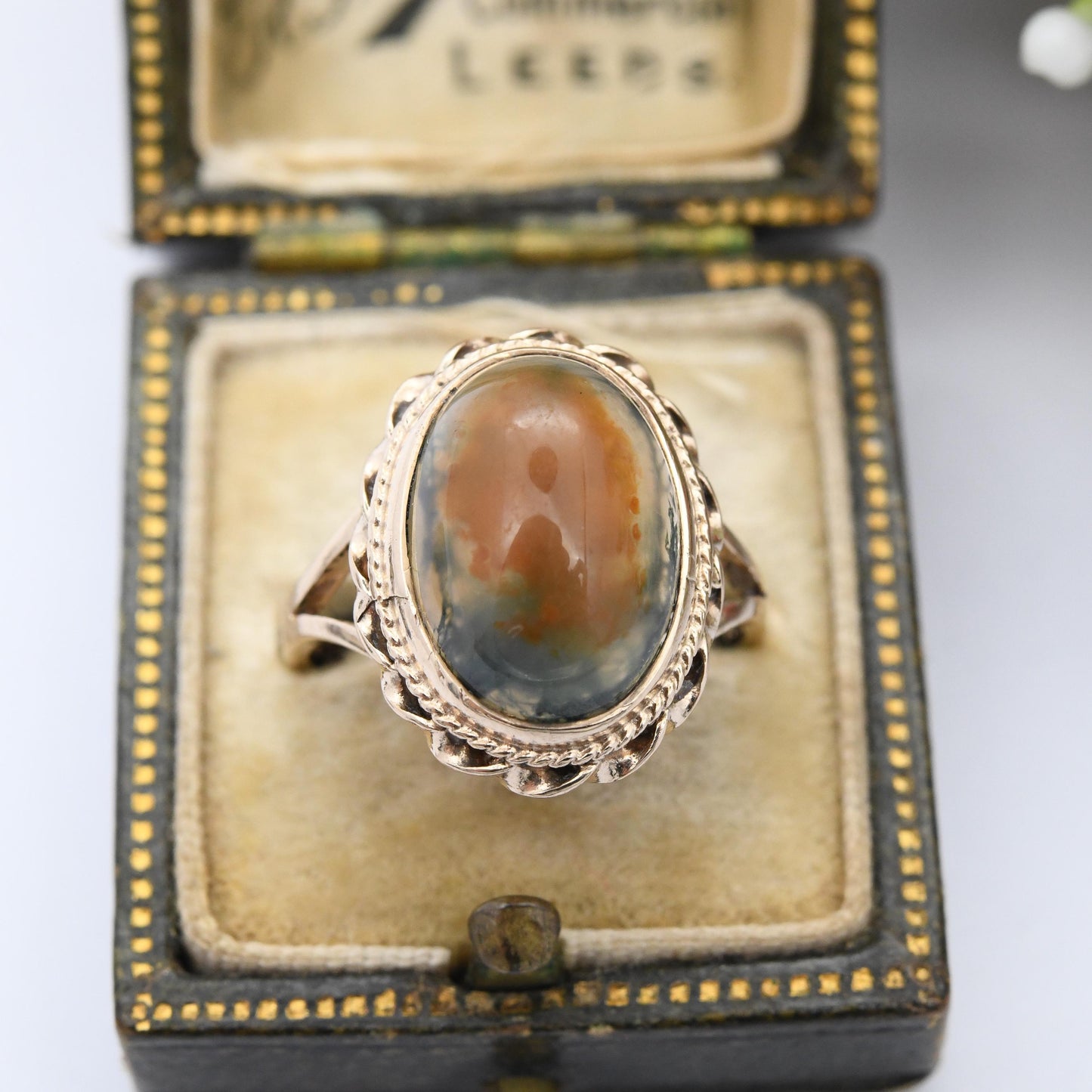 Vintage 9ct Gold Moss Agate Ring - Statement Mid-Century Large Green and Orange Gemstone Gold Jewellery Gift | UK Size - M | US Size - 6 1/4