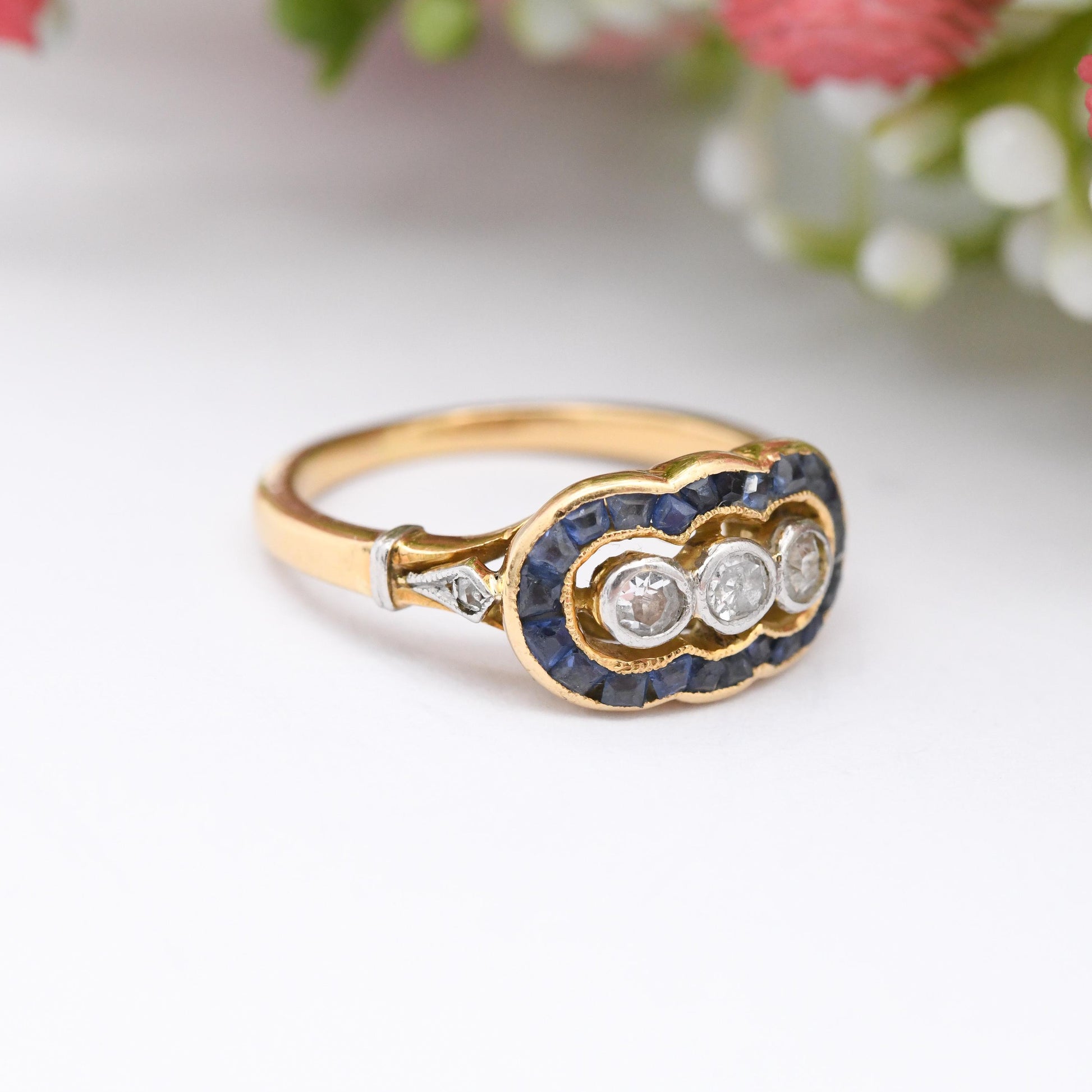 Vintage 18ct Gold Diamond and Sapphire Three Stone Ring - European Art Deco 20th Century Trilogy Engagement | UK Size - J | US Size - 4 3/4