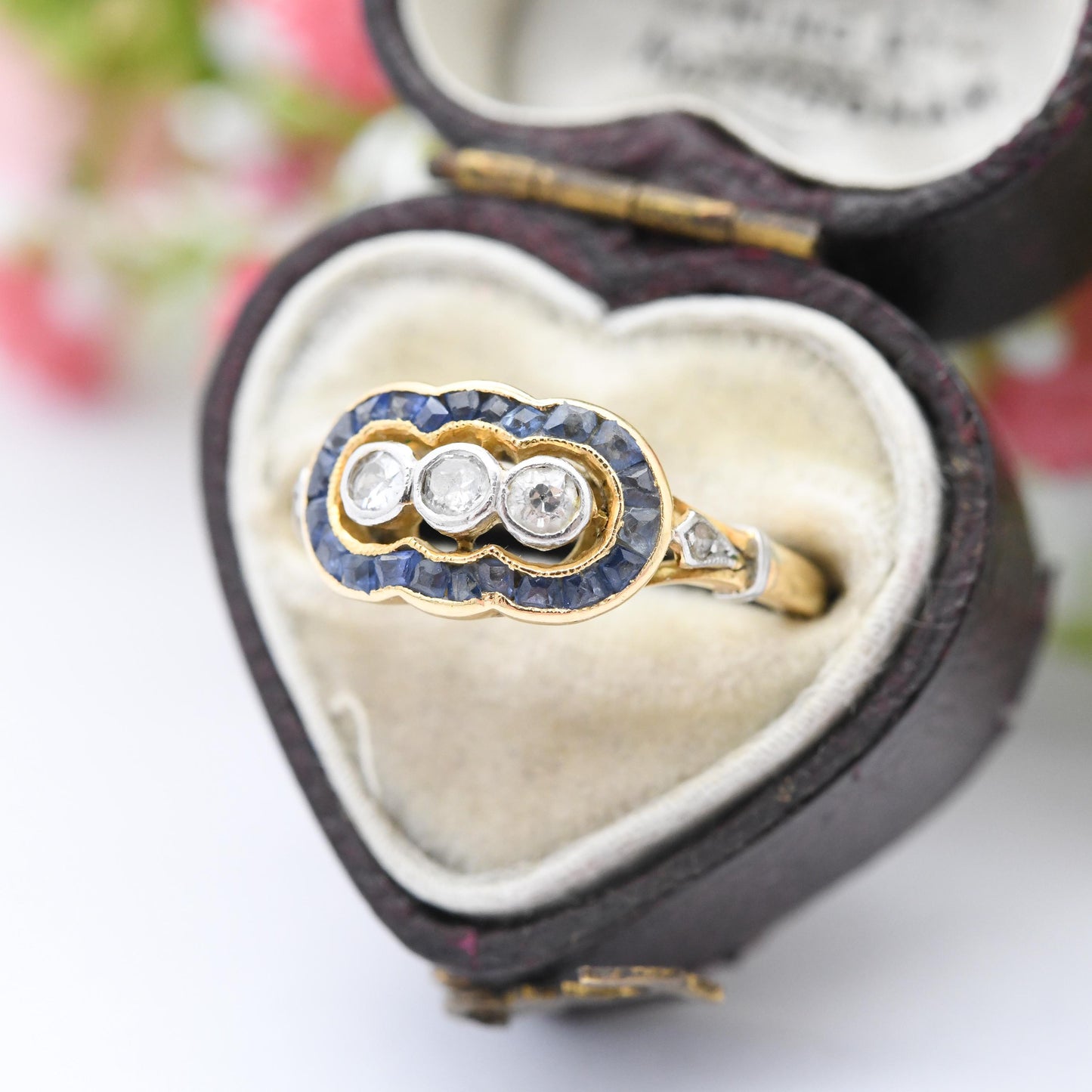 Vintage 18ct Gold Diamond and Sapphire Three Stone Ring - European Art Deco 20th Century Trilogy Engagement | UK Size - J | US Size - 4 3/4