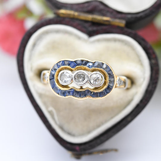 Vintage 18ct Gold Diamond and Sapphire Three Stone Ring - European Art Deco 20th Century Trilogy Engagement | UK Size - J | US Size - 4 3/4