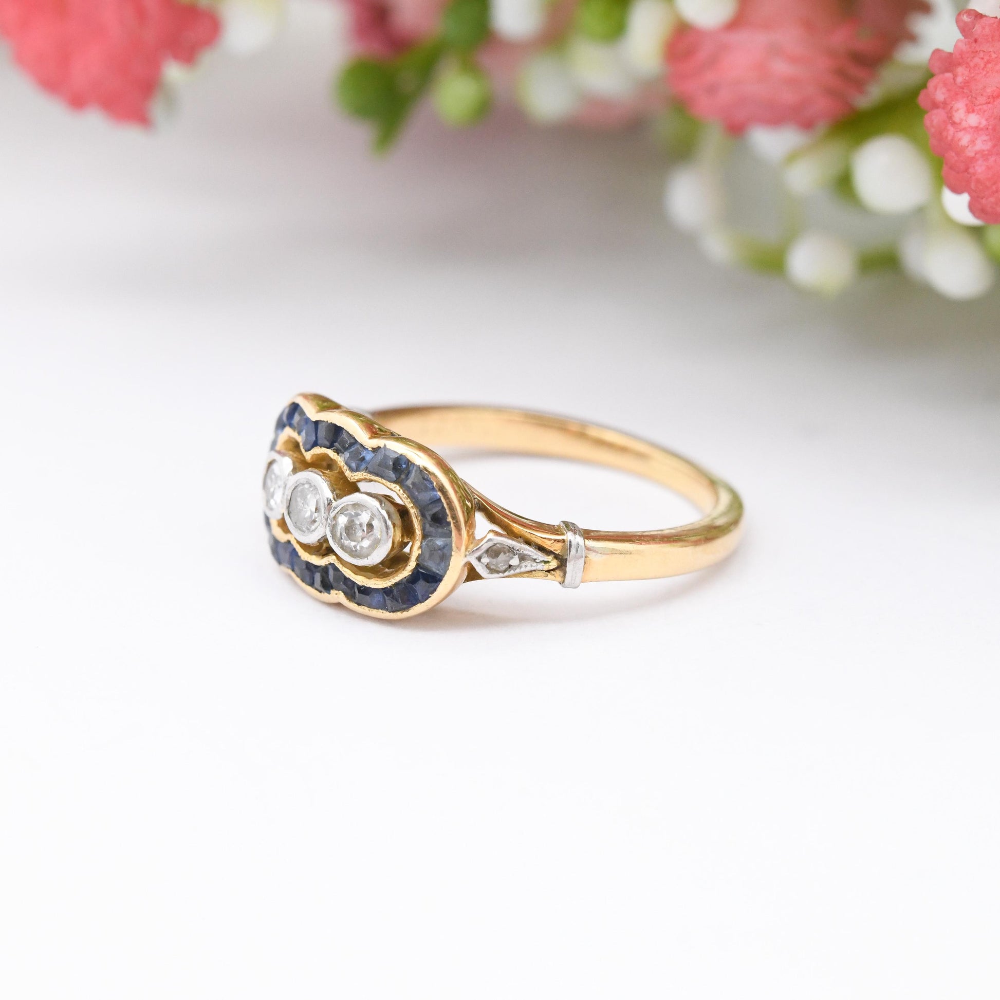 Vintage 18ct Gold Diamond and Sapphire Three Stone Ring - European Art Deco 20th Century Trilogy Engagement | UK Size - J | US Size - 4 3/4