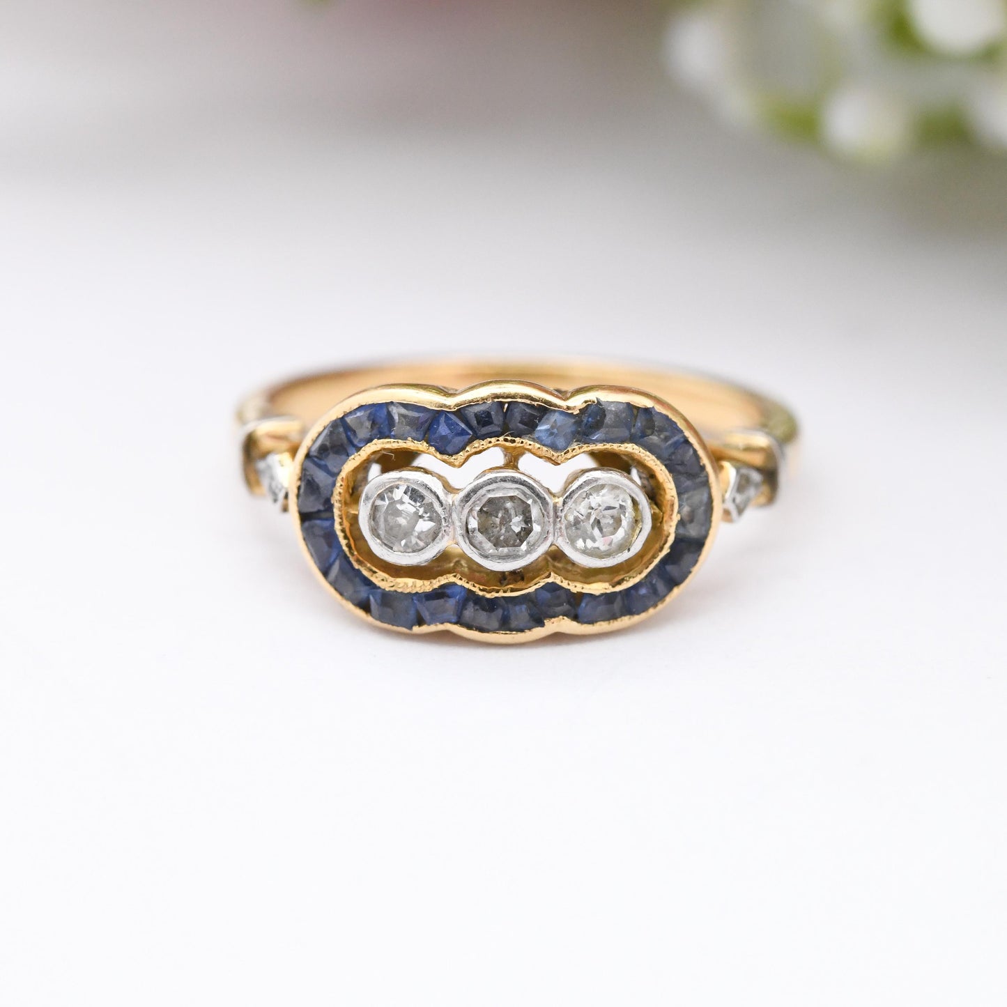 Vintage 18ct Gold Diamond and Sapphire Three Stone Ring - European Art Deco 20th Century Trilogy Engagement | UK Size - J | US Size - 4 3/4