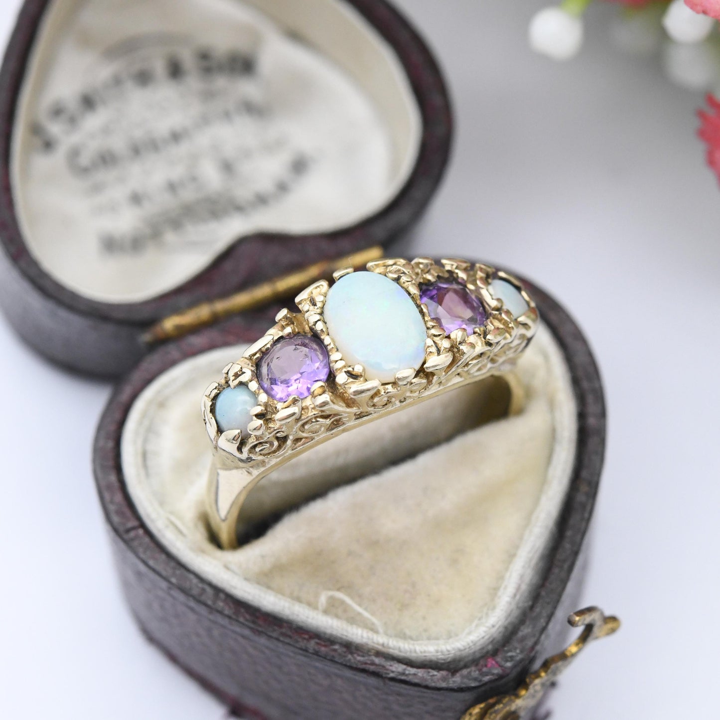 Vintage 9ct Gold Opal Amethyst Five Stone Ring - Pretty Mid-Century Antique Revival Purple White Gemstones | UK Size - P | US Size - 7 3/4