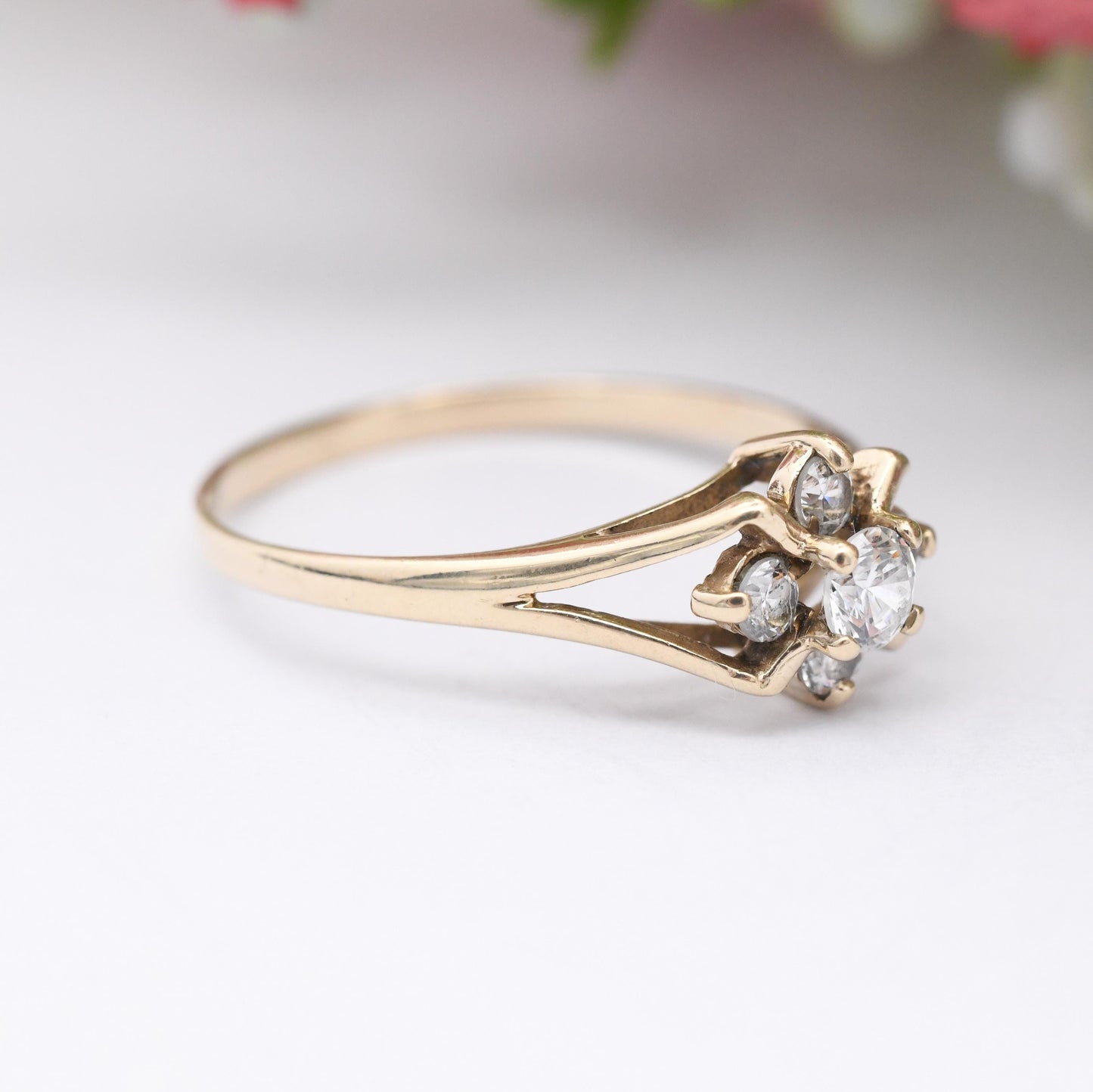 Vintage 9ct Gold Cluster Ring 1983 with Clear Stones - Mid-Century Delicate Cocktail Elven Style Star Ring | UK Size - O | US Size - 7 1/4