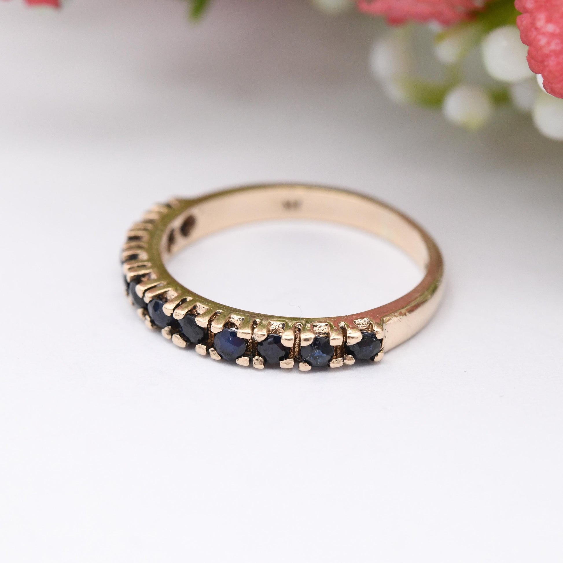 Vintage 9ct Gold Sapphire Half Eternity Ring 1979 - Faceted Blue Gemstone Band Stacker Ring Pretty Gold Gift | UK Size - L | US Size - 5 3/4