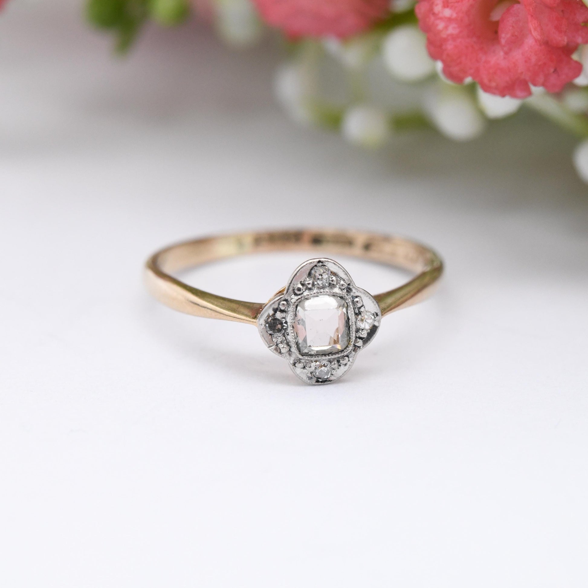 Vintage 18ct Gold and Platinum Diamond Engagement Ring - Art Deco Period Ring Square Step Cut Diamond Quatrefoil | UK Size - M | US Size - 6