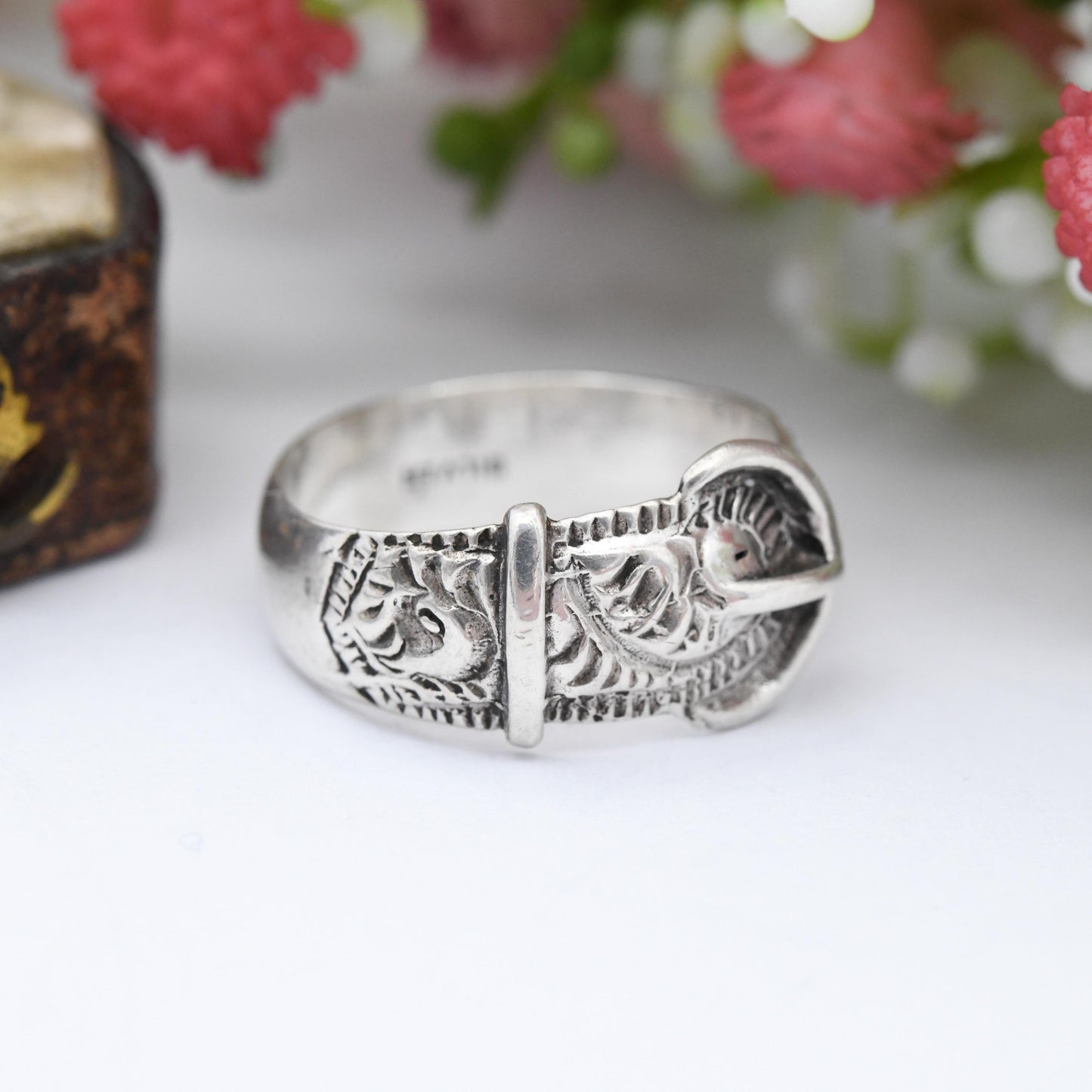 Antique Sterling Silver Buckle Ring with Hand Engraved Scrolling - Ornate Victorian Band Unisex Belt Ring | UK Size - O 1/2 | US Size - 7