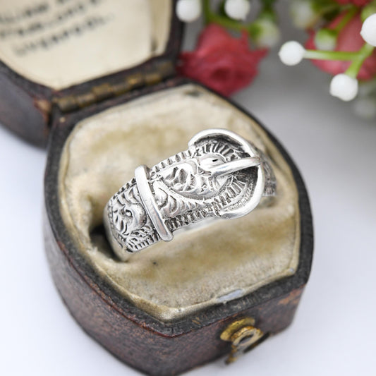 Antique Sterling Silver Buckle Ring with Hand Engraved Scrolling - Ornate Victorian Band Unisex Belt Ring | UK Size - O 1/2 | US Size - 7