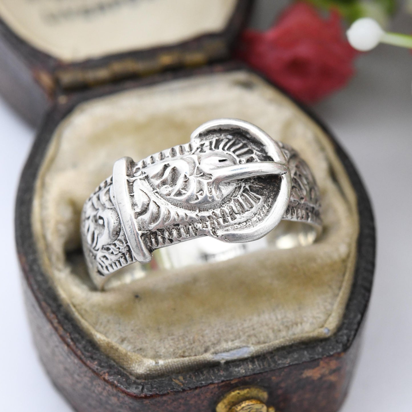 Antique Sterling Silver Buckle Ring with Hand Engraved Scrolling - Ornate Victorian Band Unisex Belt Ring | UK Size - O 1/2 | US Size - 7