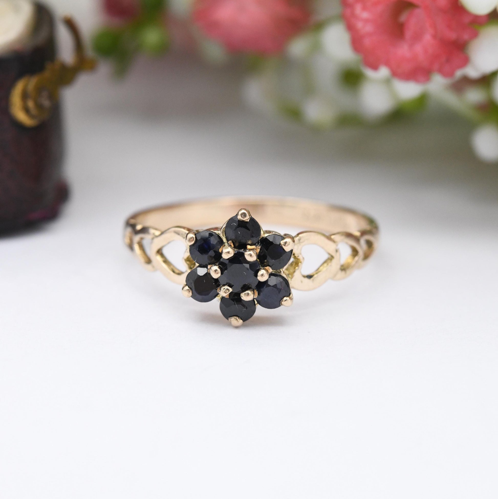 Vintage 9ct Gold Sapphire Flower Cluster Ring 1980 with Heart Shoulders - Gemstone Blue Floral Ring Gift for Her | UK Size - Q | US Size - 8