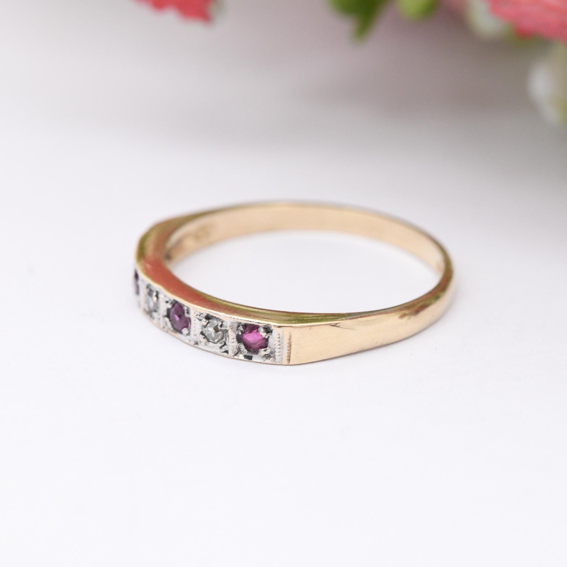 Vintage 9ct Gold Diamond and Ruby Half Eternity Ring 1982 - 7 Stone Mid-Century Stacker Ring Gift for Her | UK Size - N | US Size - 6 3/4