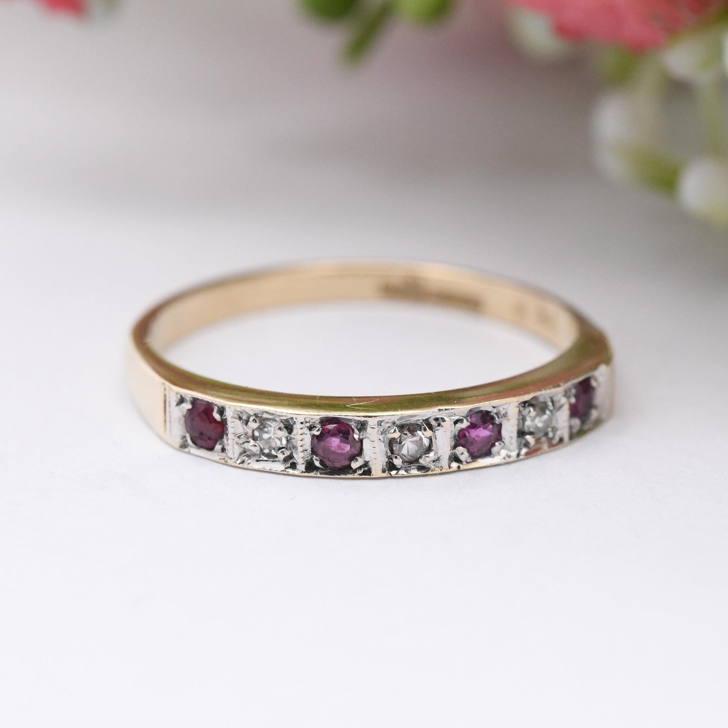 Vintage 9ct Gold Diamond and Ruby Half Eternity Ring 1982 - 7 Stone Mid-Century Stacker Ring Gift for Her | UK Size - N | US Size - 6 3/4