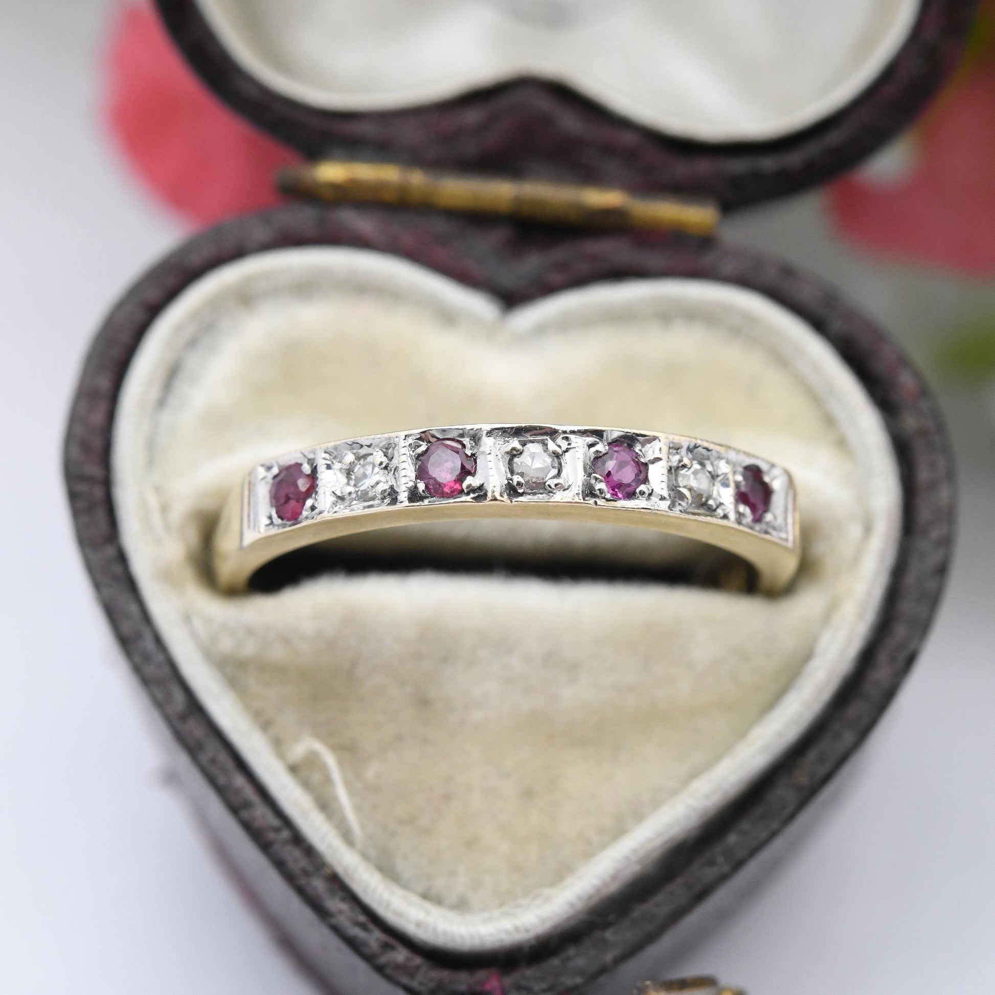 Vintage 9ct Gold Diamond and Ruby Half Eternity Ring 1982 - 7 Stone Mid-Century Stacker Ring Gift for Her | UK Size - N | US Size - 6 3/4