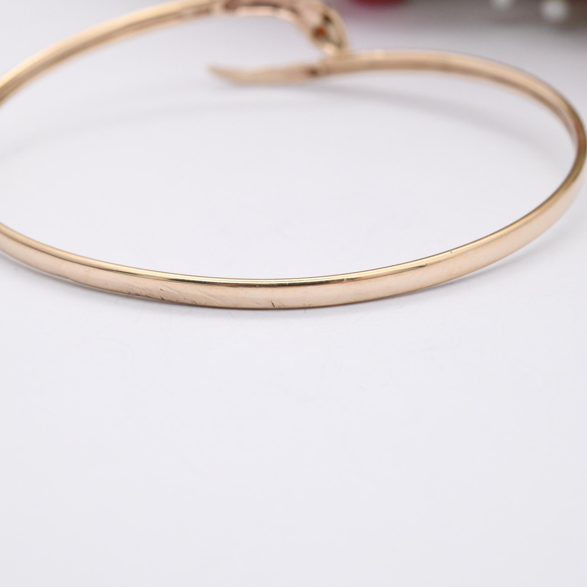Vintage 9ct Gold Snake Bangle Bracelet with Garnet Eyes - Textured Detail Head and Tail | Serpent Ouroboros Jewellery | Open Adjustable Cuff