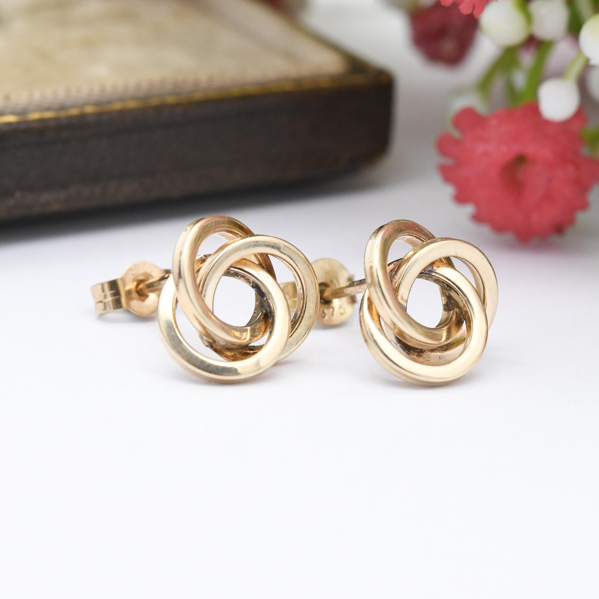 Vintage 9ct Gold Twist Stud Earrings 1997 - Small Chunky Gold Studs Crossed Rings | Butterfly Backs