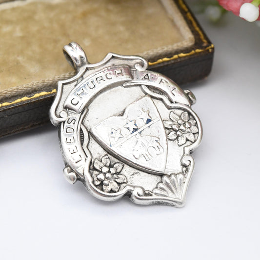 Antique Fattorini Sterling Silver Leeds Church Watch Fob Pendant 1904 Bradford - Leeds Coat of Arms Flag Sheep Golden Fleece Souvenir Gift