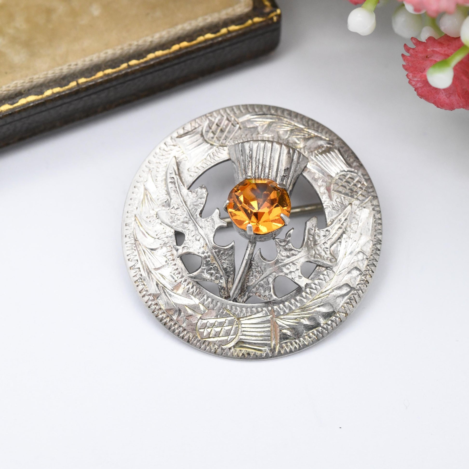 Vintage Ward Brothers Sterling Silver Scottish Thistle Brooch 1957 - Orange Paste Stone Thistle with Engraved Circle Border Glasgow Hallmark