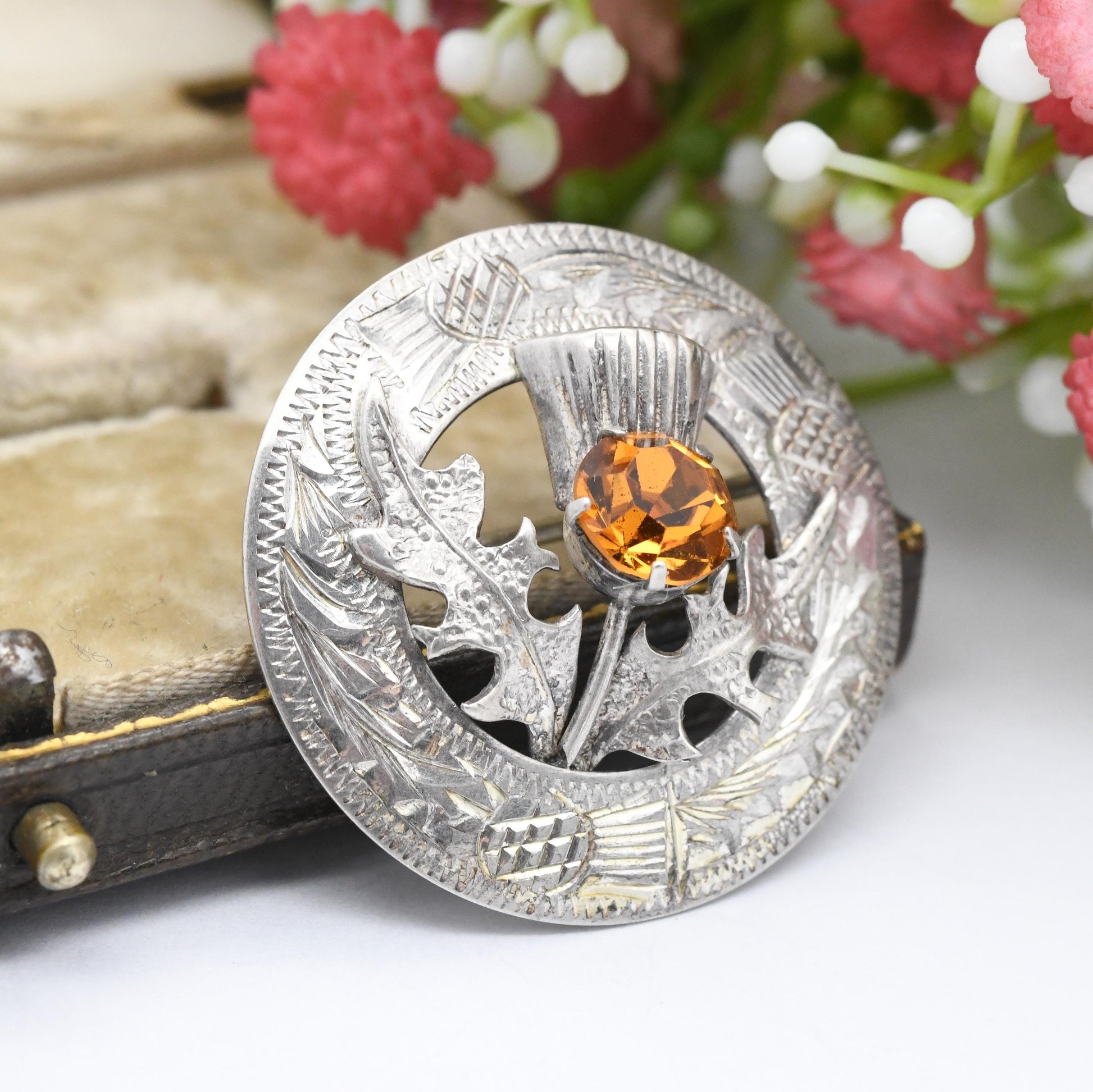 Vintage Ward Brothers Sterling Silver Scottish Thistle Brooch 1957 - Orange Paste Stone Thistle with Engraved Circle Border Glasgow Hallmark