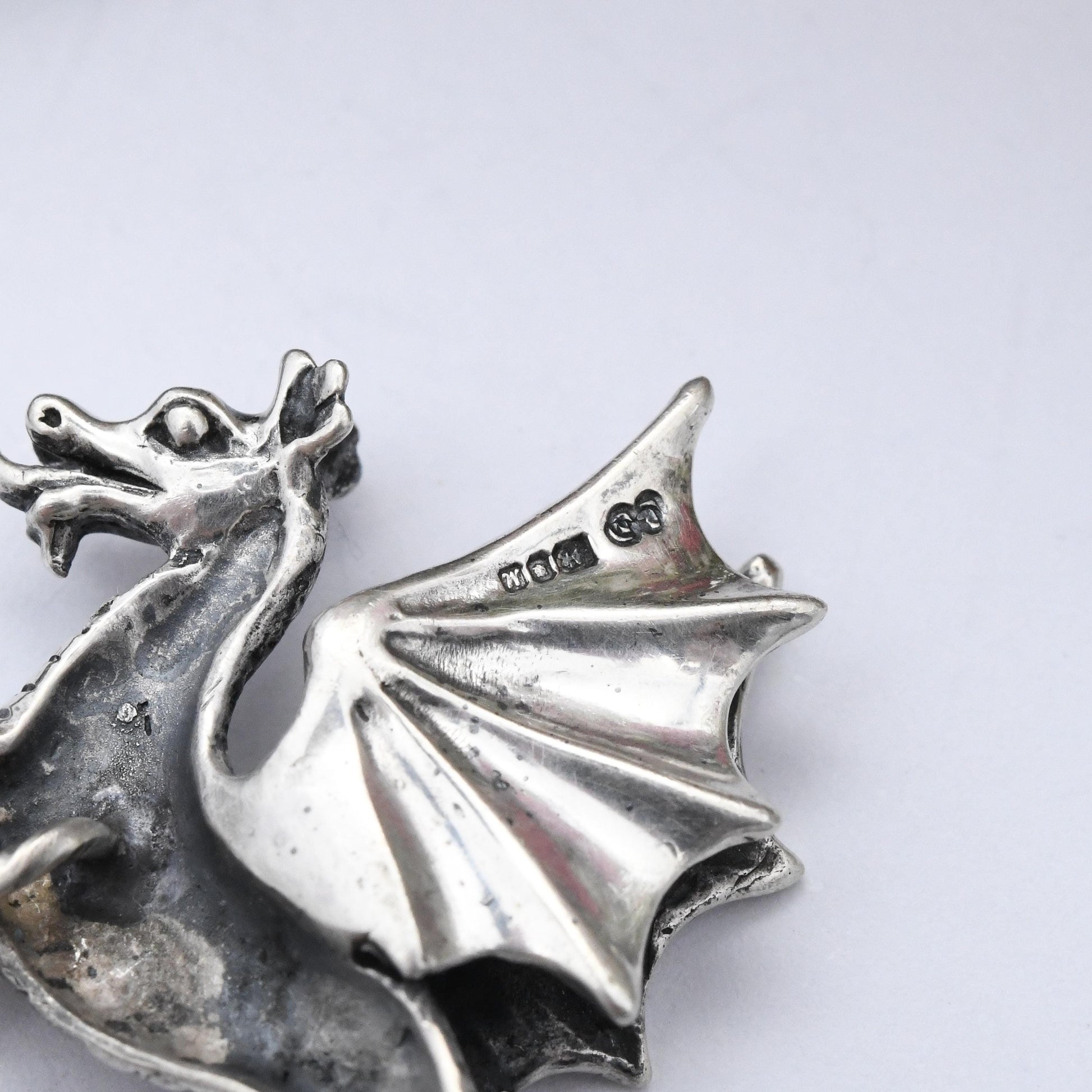 Vintage Sterling Silver Dragon Stick Brooch Tie Pin 1986 - Large Textured Dragon Novelty Fantasy Stick Pin | Gift for Him