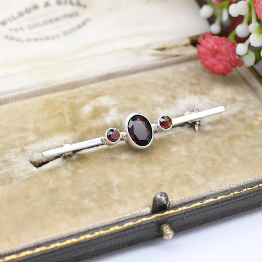 Vintage Sterling Silver Garnet Bar Brooch Three Stone - Understated Trilogy Set with Minimal Design | Faceted Red Gemstone Jewellery Gift